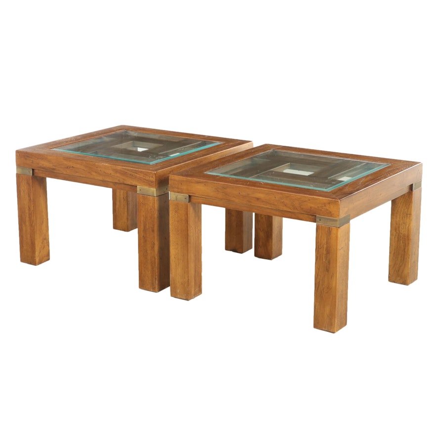 Pair of Drexel Heritage "Woodbriar Square" Oak and Glass Top Side Tables