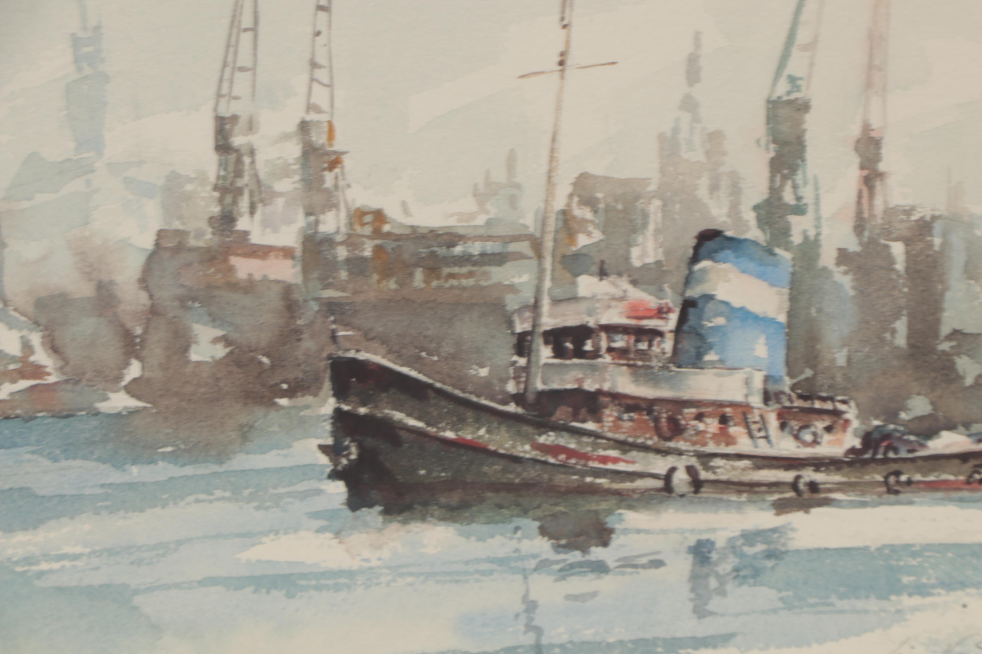 James Vorwoldt Watercolor Painting of Boats, 1980s