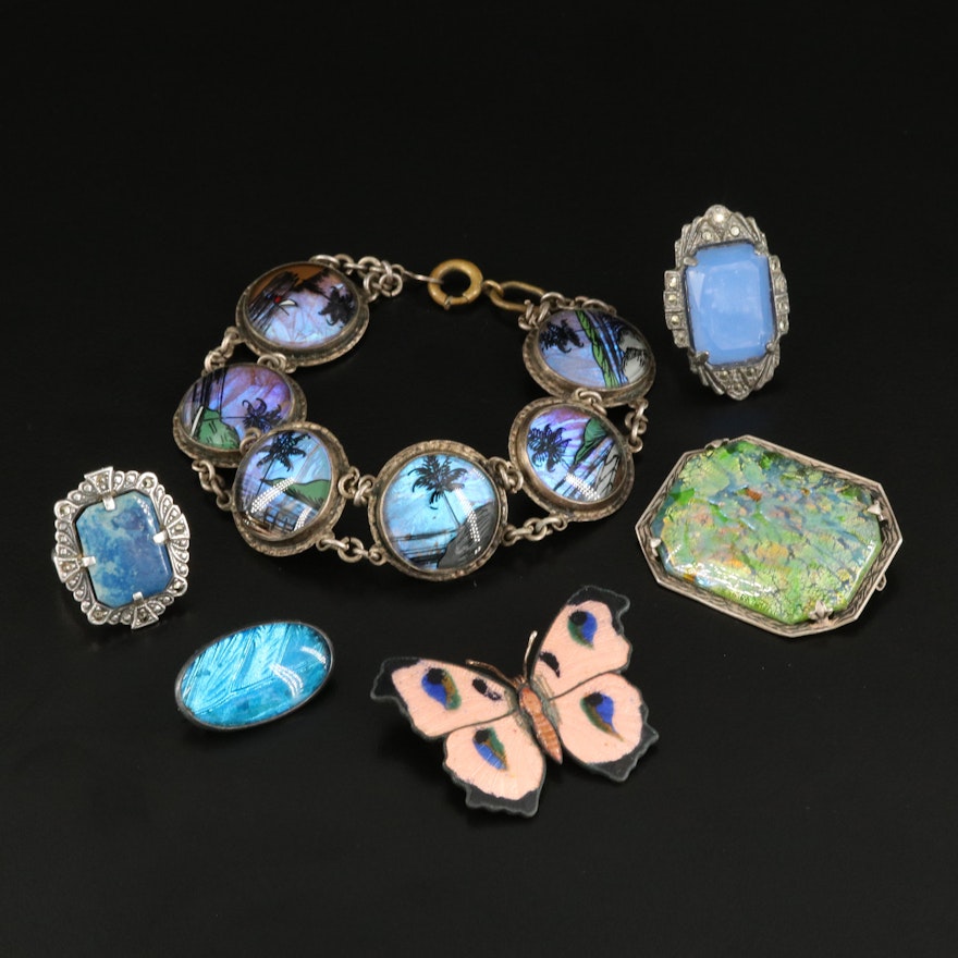 Sterling Rings and Brooches Including a Blue Morpho Butterfly Bracelet