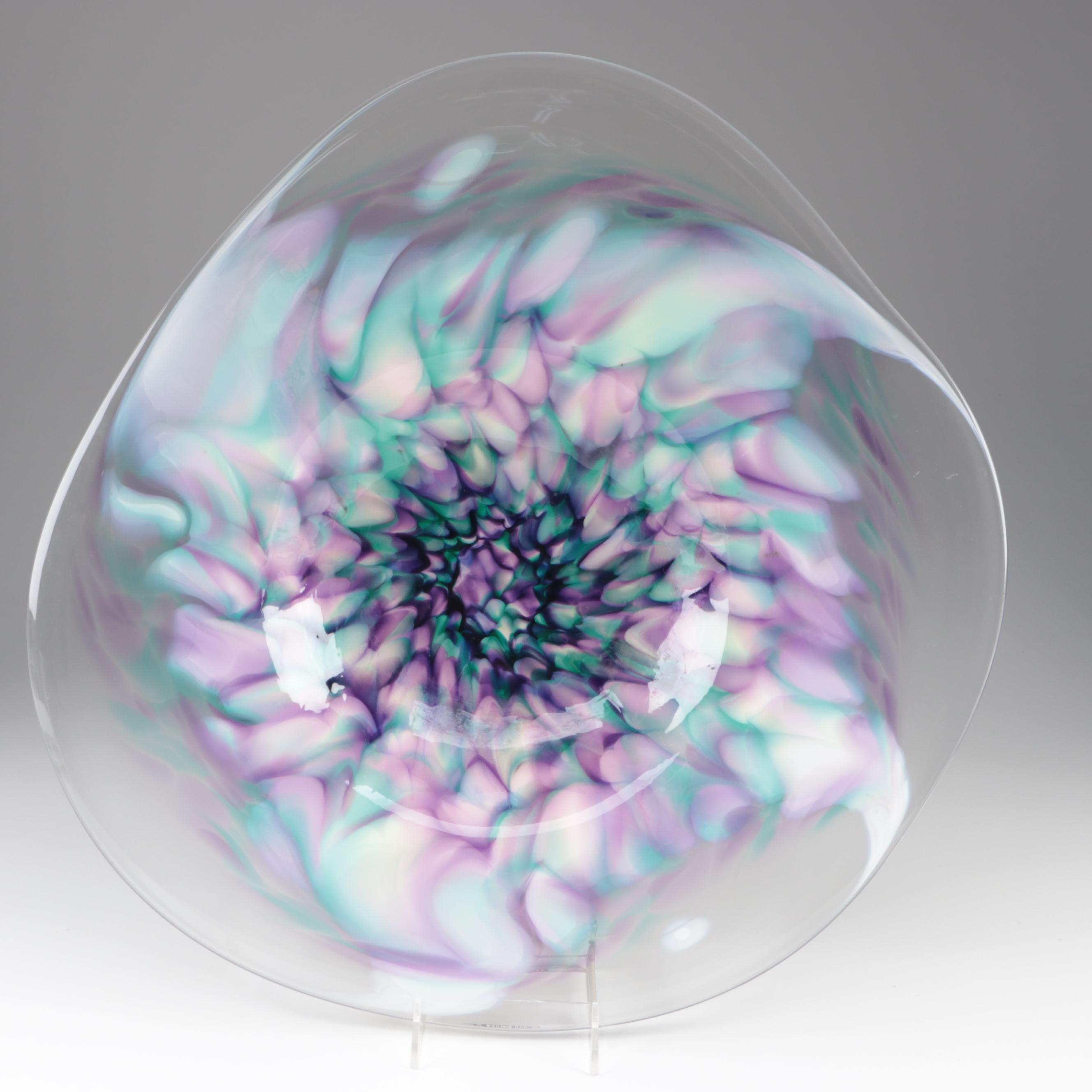 J.A. Hewitt Blown Multi-Color Abstract Freeform Studio Art Glass Charger, 1992