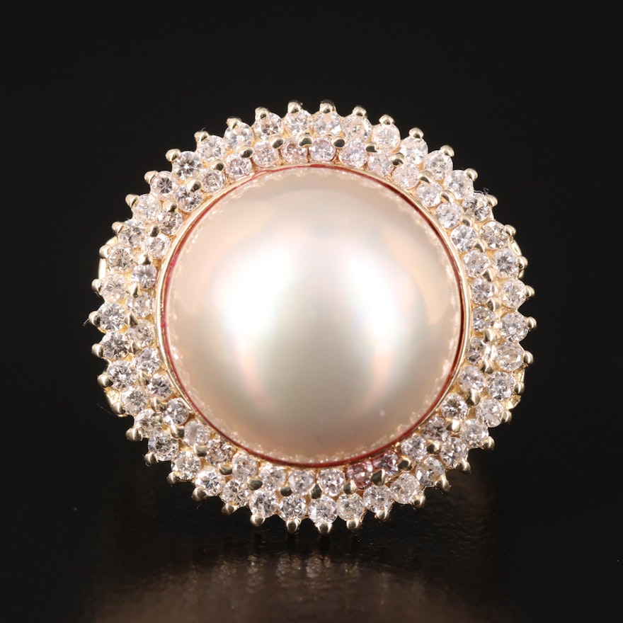 14K Mabé Pearl and Diamond Double Halo Ring
