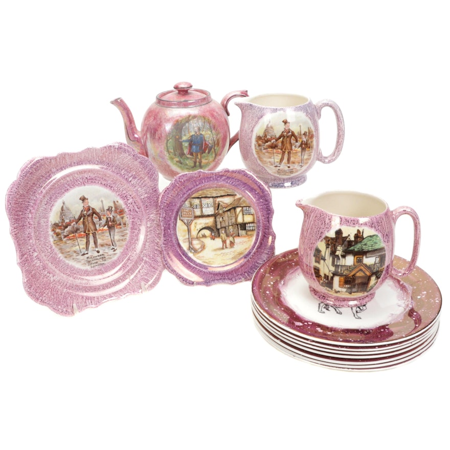 Lancaster & Sandland and Other English Pink Lusterware Literary Themed Tableware