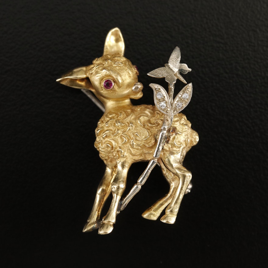 14K Ruby and Diamond Fawn Brooch