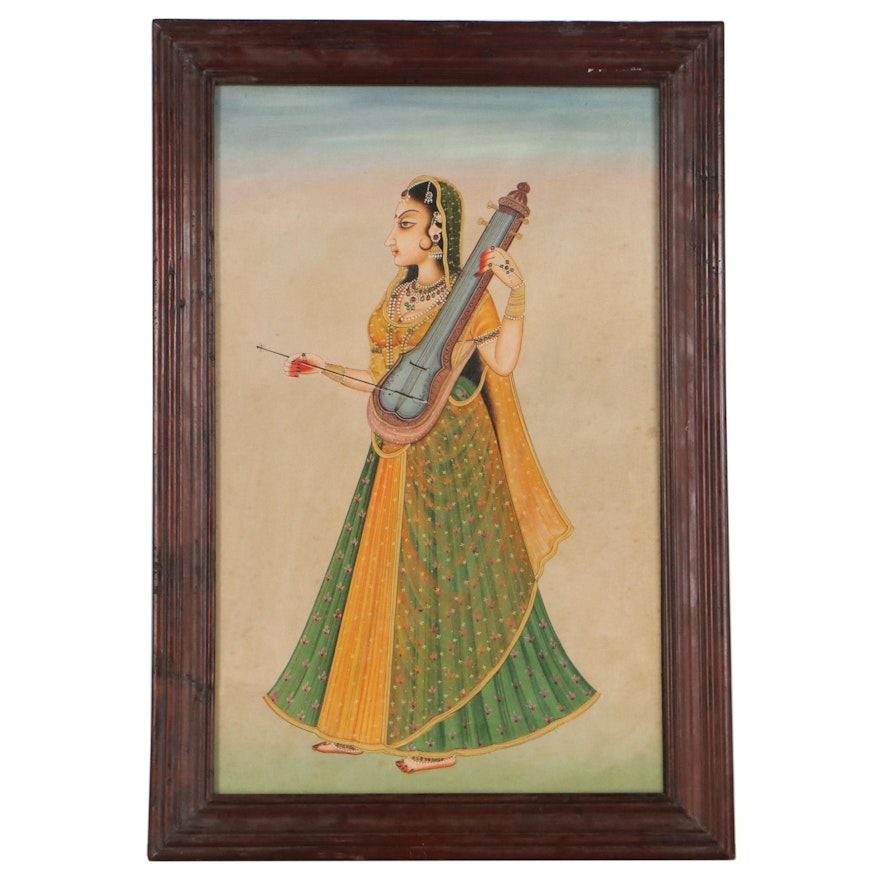 Mughal Style Oil Painting of Woman Playing a Sarangi