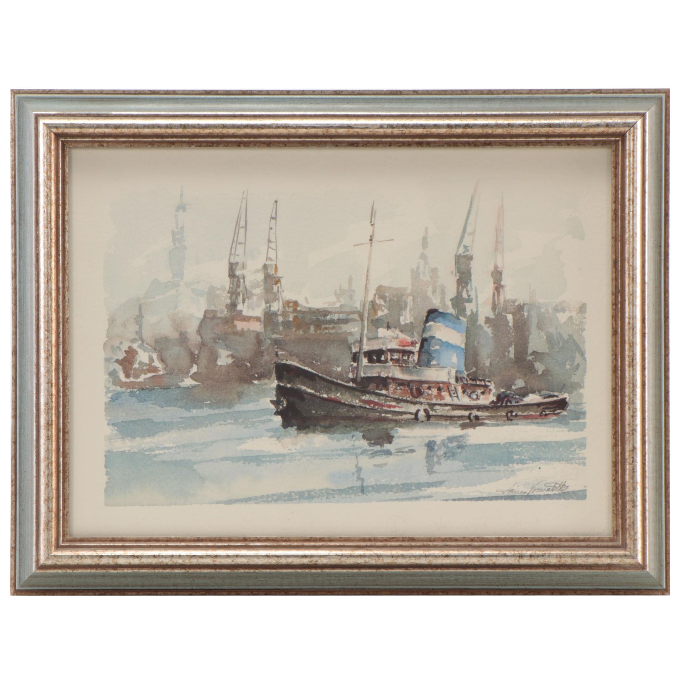 James Vorwoldt Watercolor Painting of Boats, 1980s