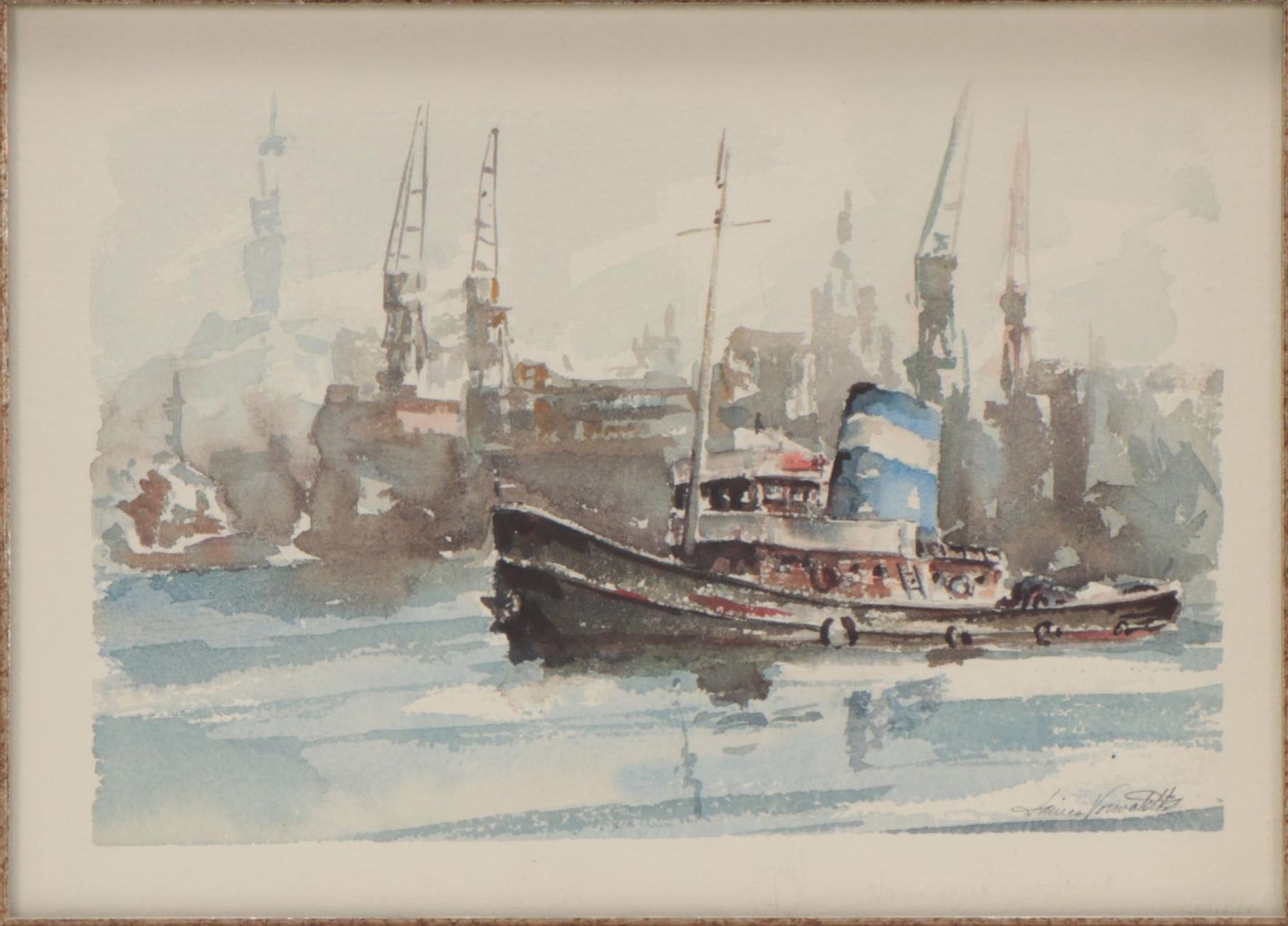 James Vorwoldt Watercolor Painting of Boats, 1980s