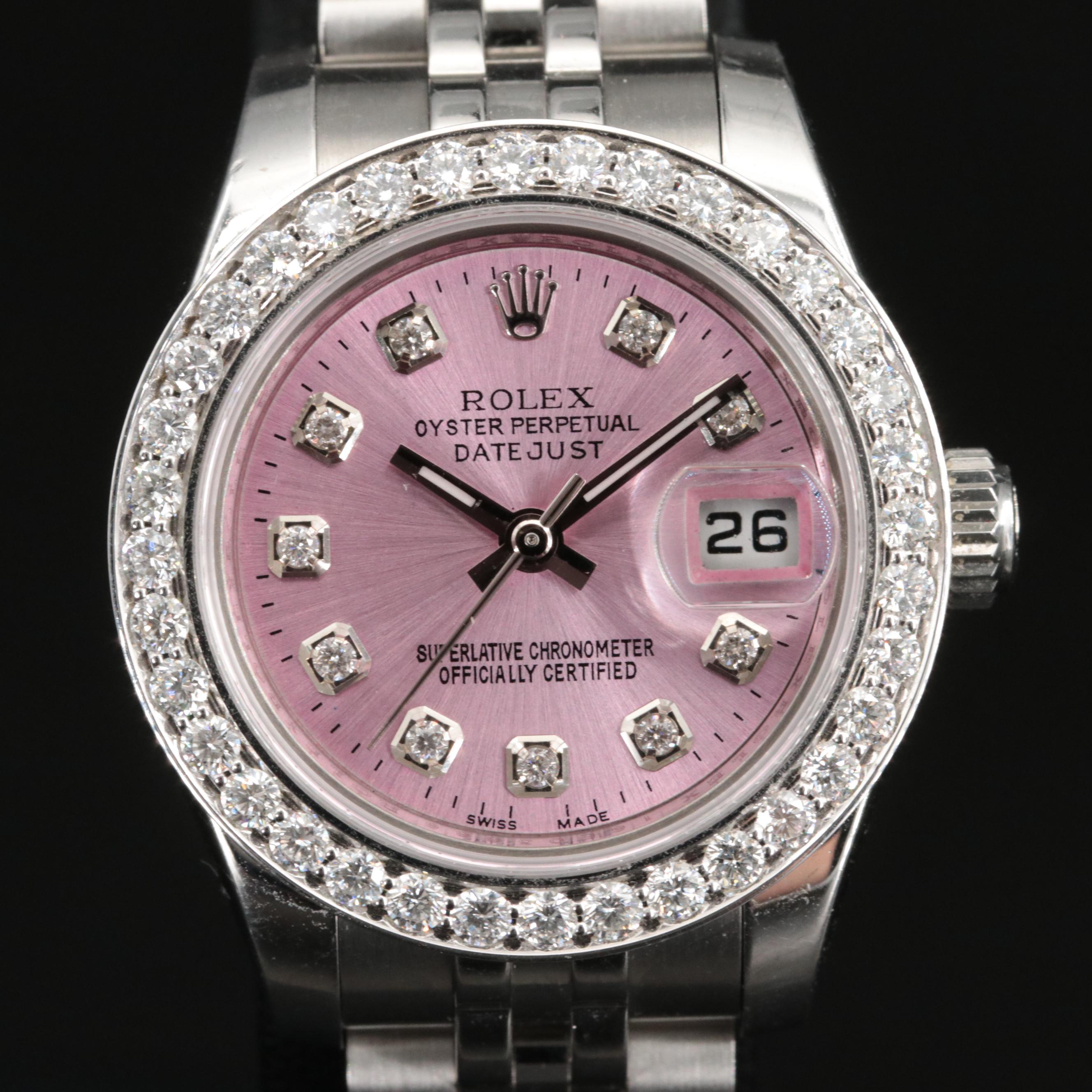 Rolex Datejust Factory Diamond Bezel and Custom Diamond Pink Dial Watch