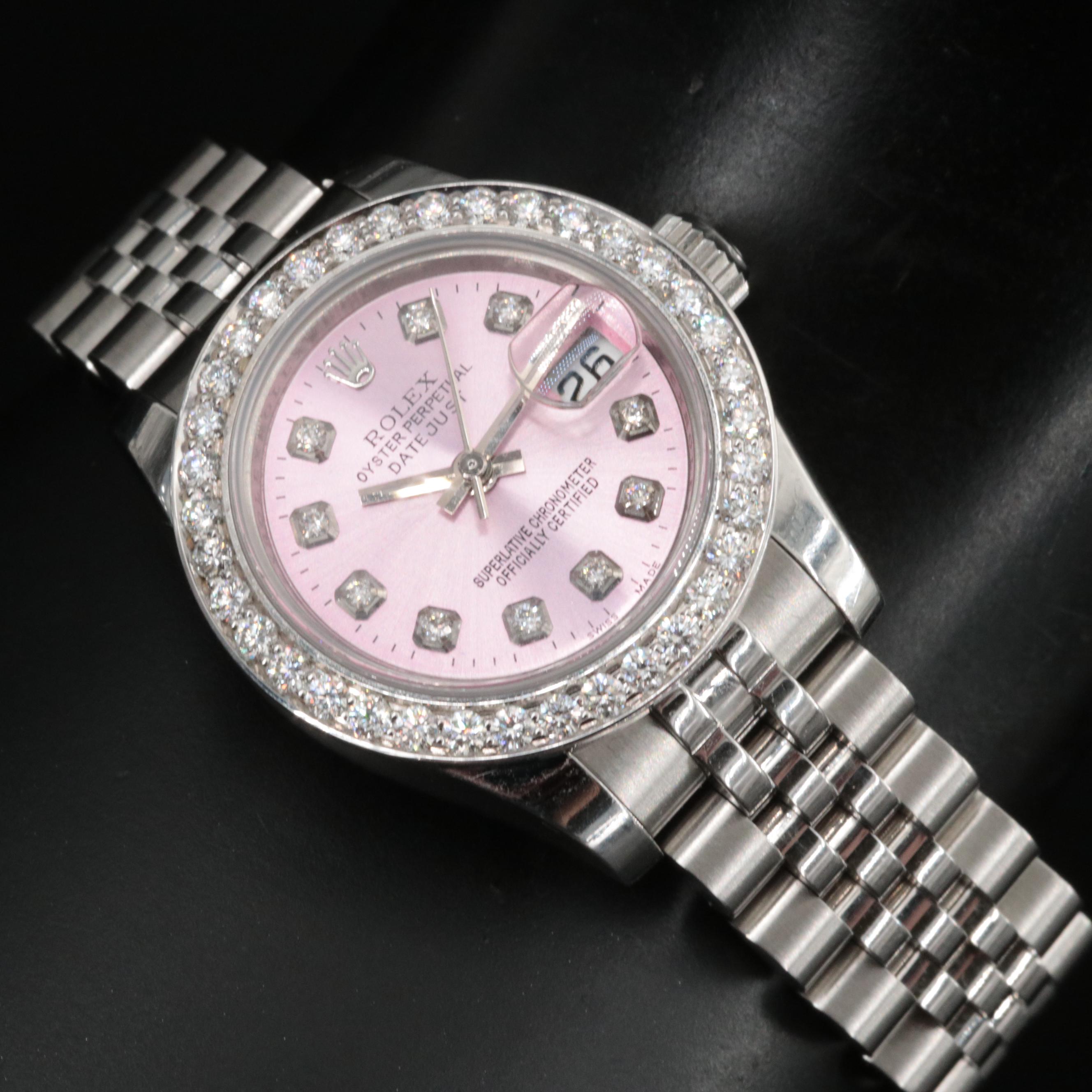 Rolex Datejust Factory Diamond Bezel and Custom Diamond Pink Dial Watch