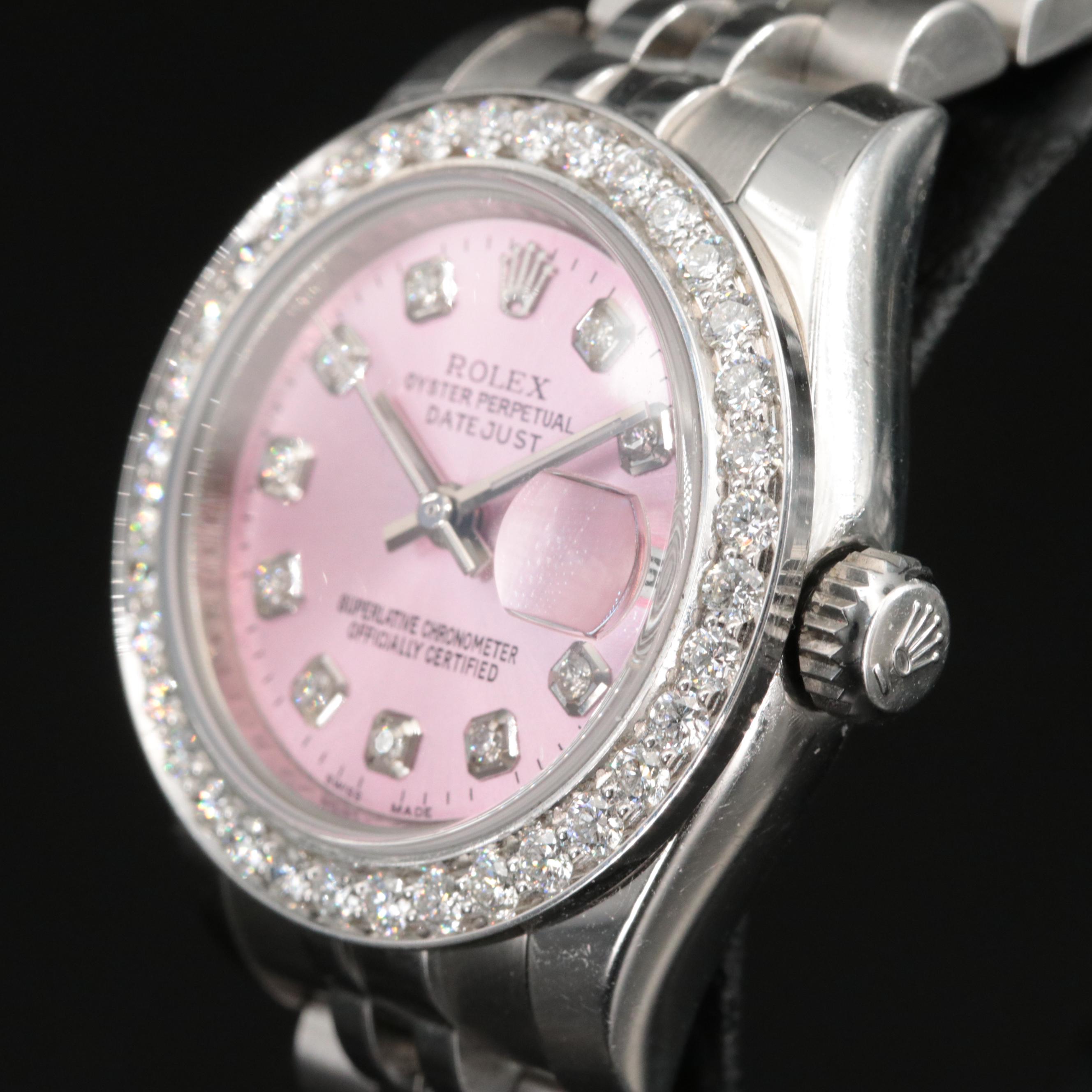 Rolex Datejust Factory Diamond Bezel and Custom Diamond Pink Dial Watch