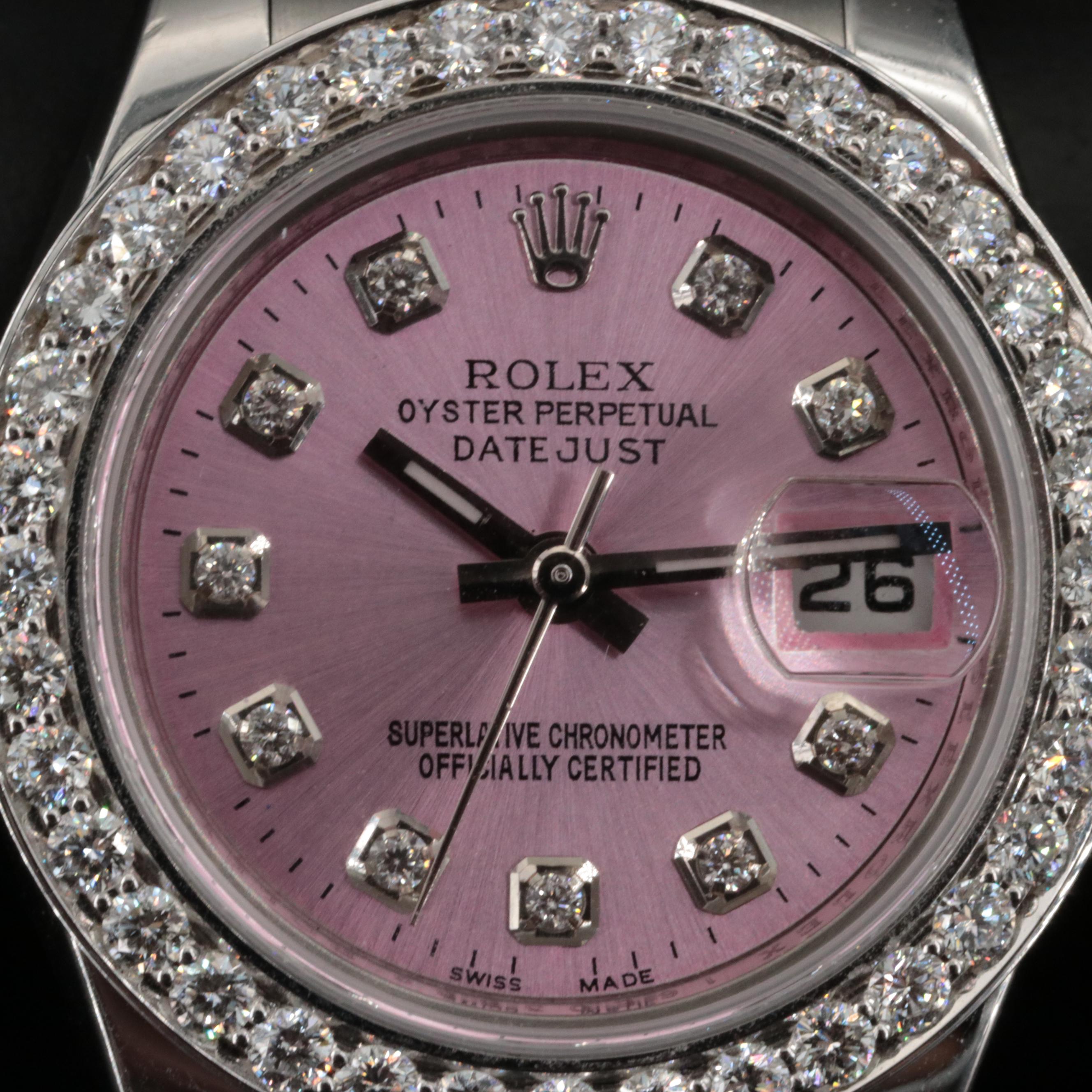 Rolex Datejust Factory Diamond Bezel and Custom Diamond Pink Dial Watch