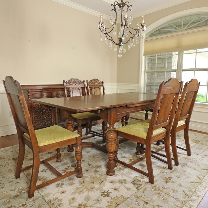 Jacobean Revival Oak Dining Table and Six Chairs, Early to Mid 20th Century