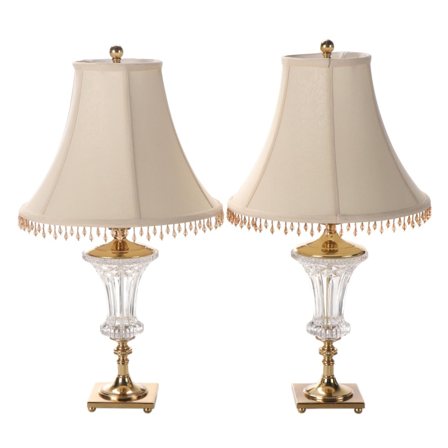 Pair of Mold Blown Glass and Brass Table Lamps, Late 20th Century