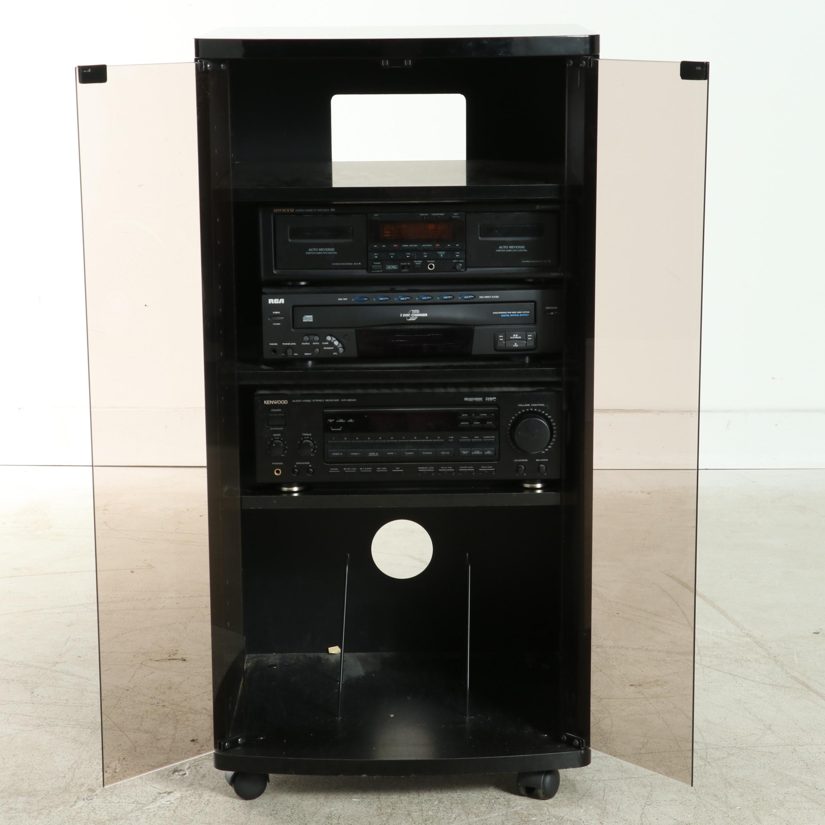 Media Cabinet with Casters and Kenwood, Onkyo and RCA Components