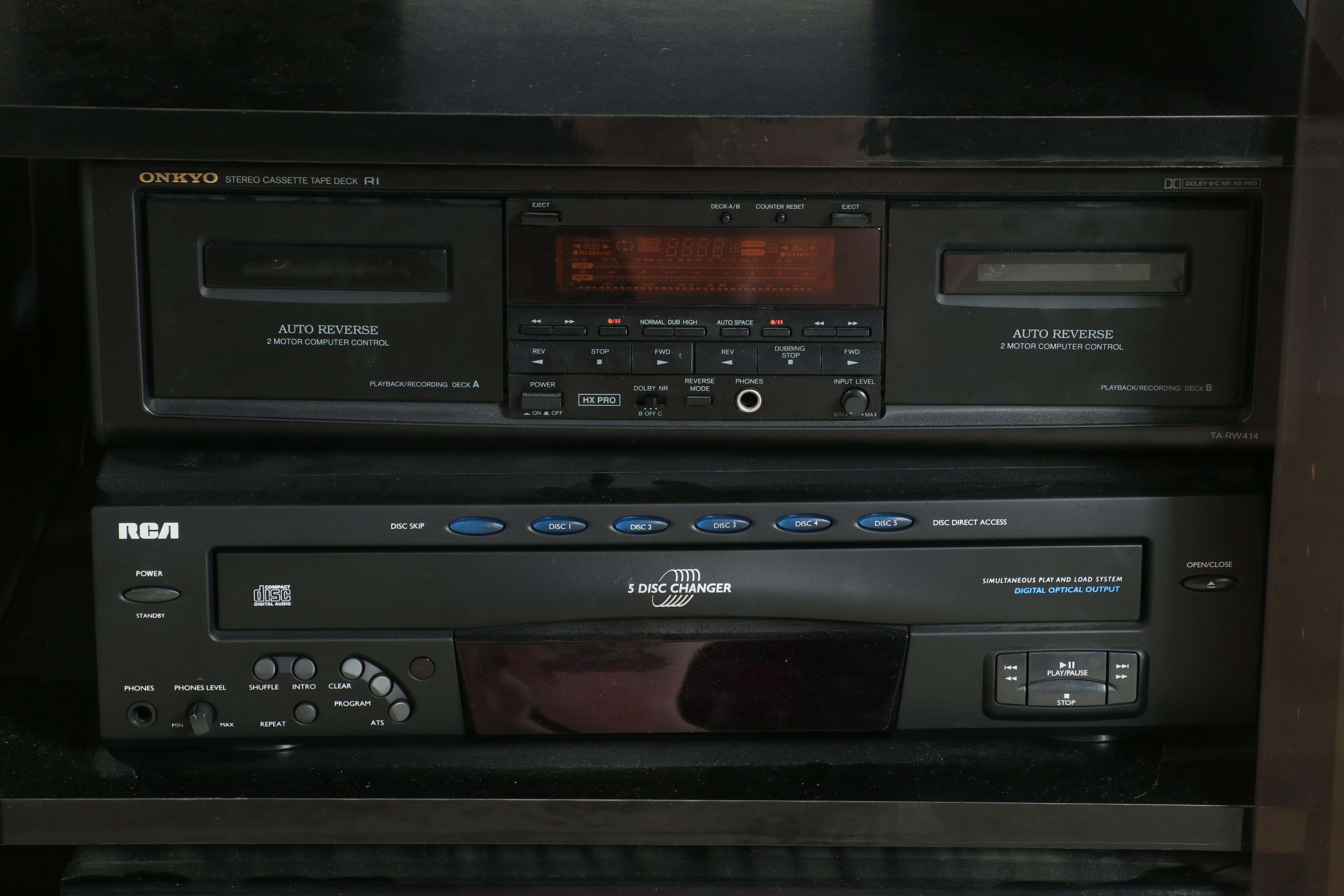 Media Cabinet with Casters and Kenwood, Onkyo and RCA Components