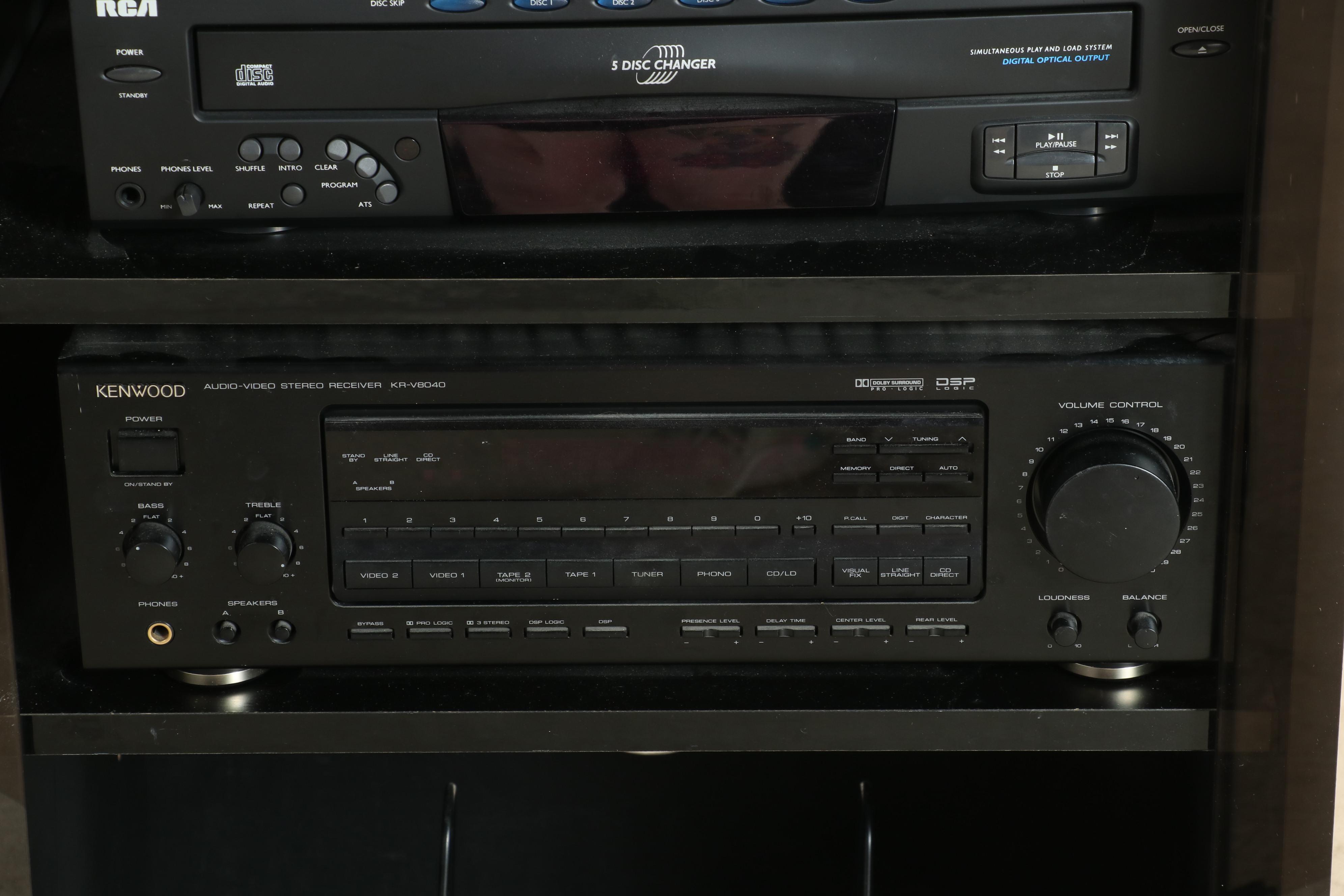Media Cabinet with Casters and Kenwood, Onkyo and RCA Components