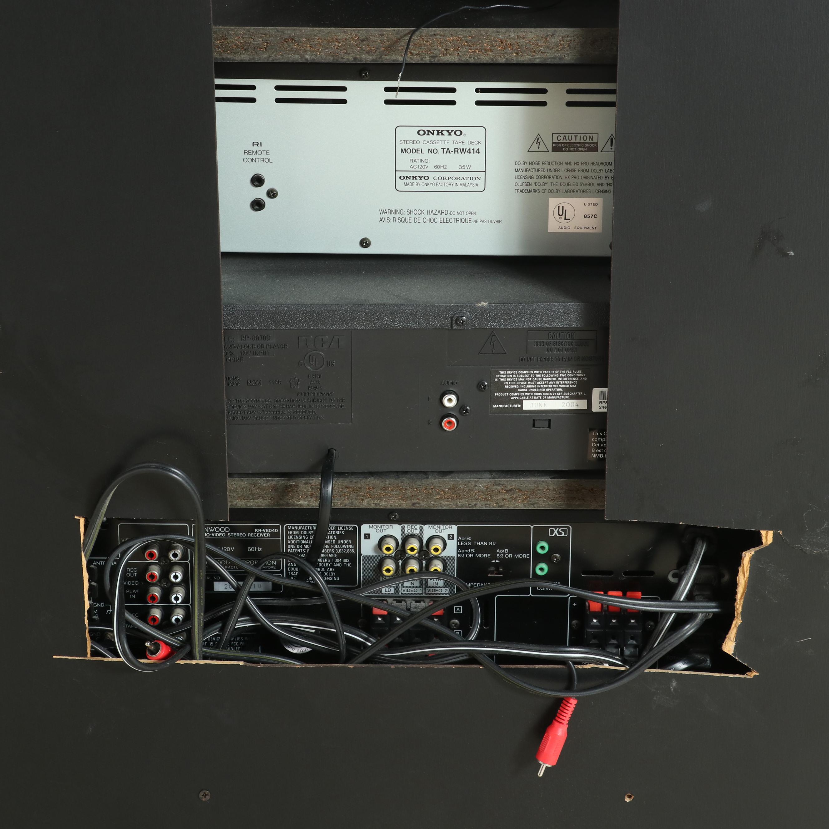 Media Cabinet with Casters and Kenwood, Onkyo and RCA Components