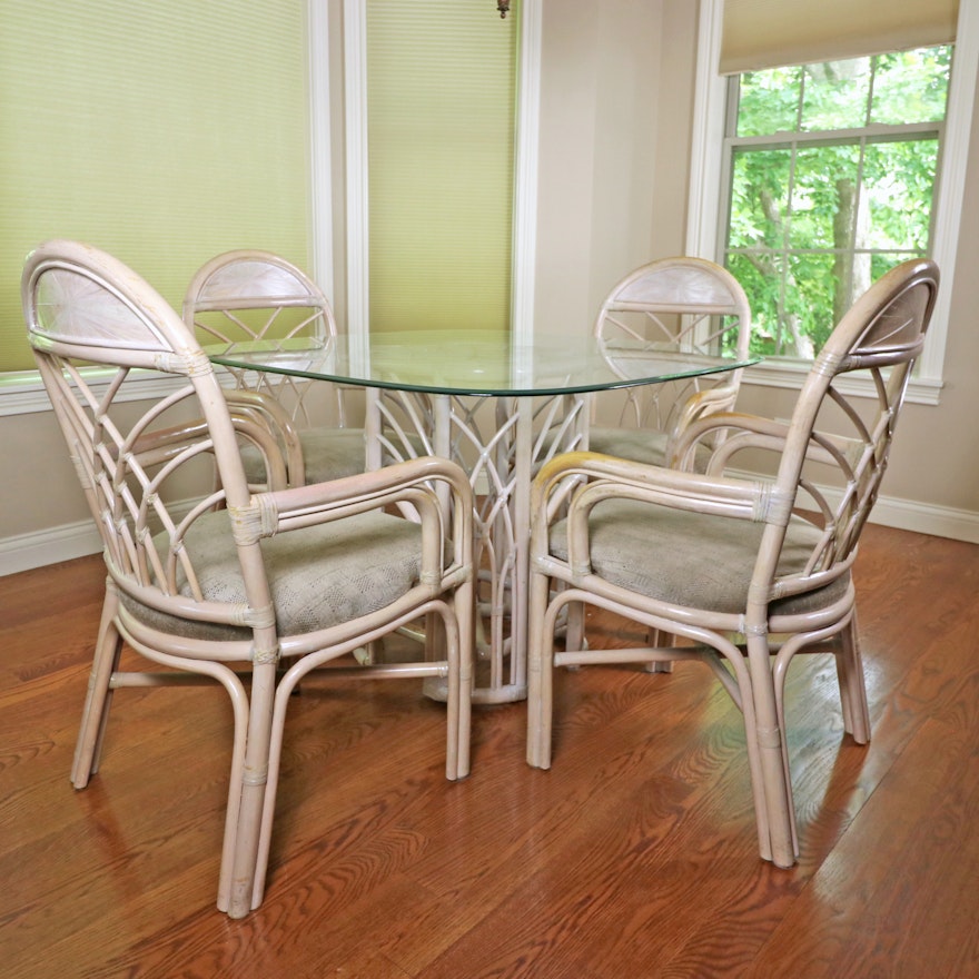 Bleached Bamboo and Glass Top Square Pedestal Table and Chair Set