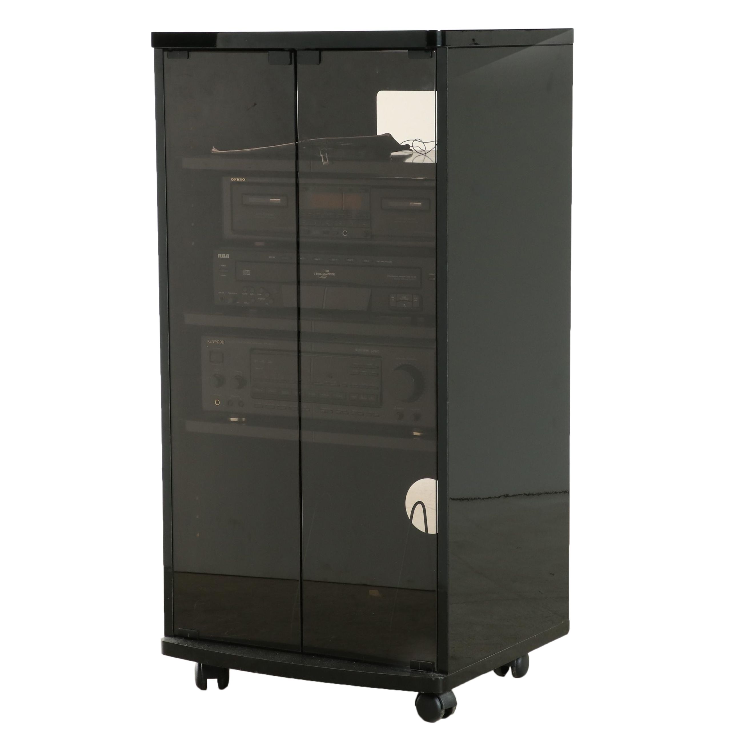 Media Cabinet with Casters and Kenwood, Onkyo and RCA Components