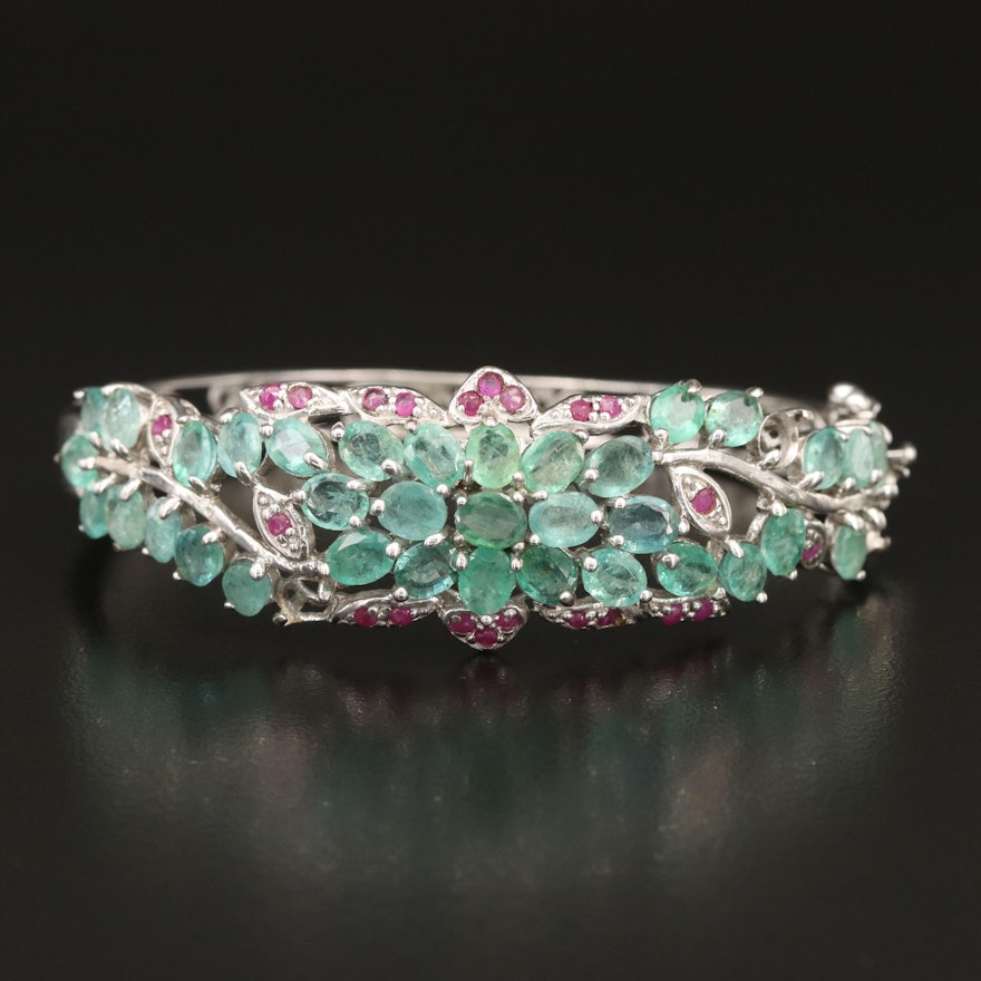 Sterling Emerald and Ruby Cluster Hinged Bangle