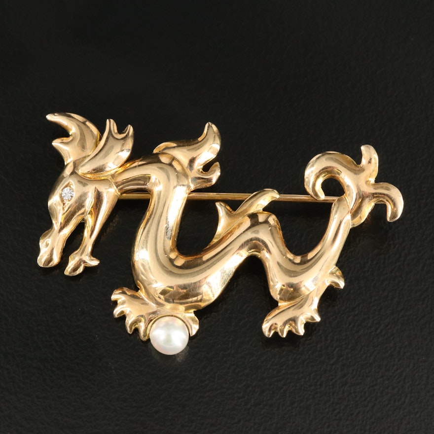 14K Pearl and Diamond Dragon Brooch