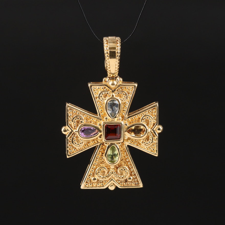 Sterling Garnet, Amethyst and Topaz Cross Enhancer Pendant