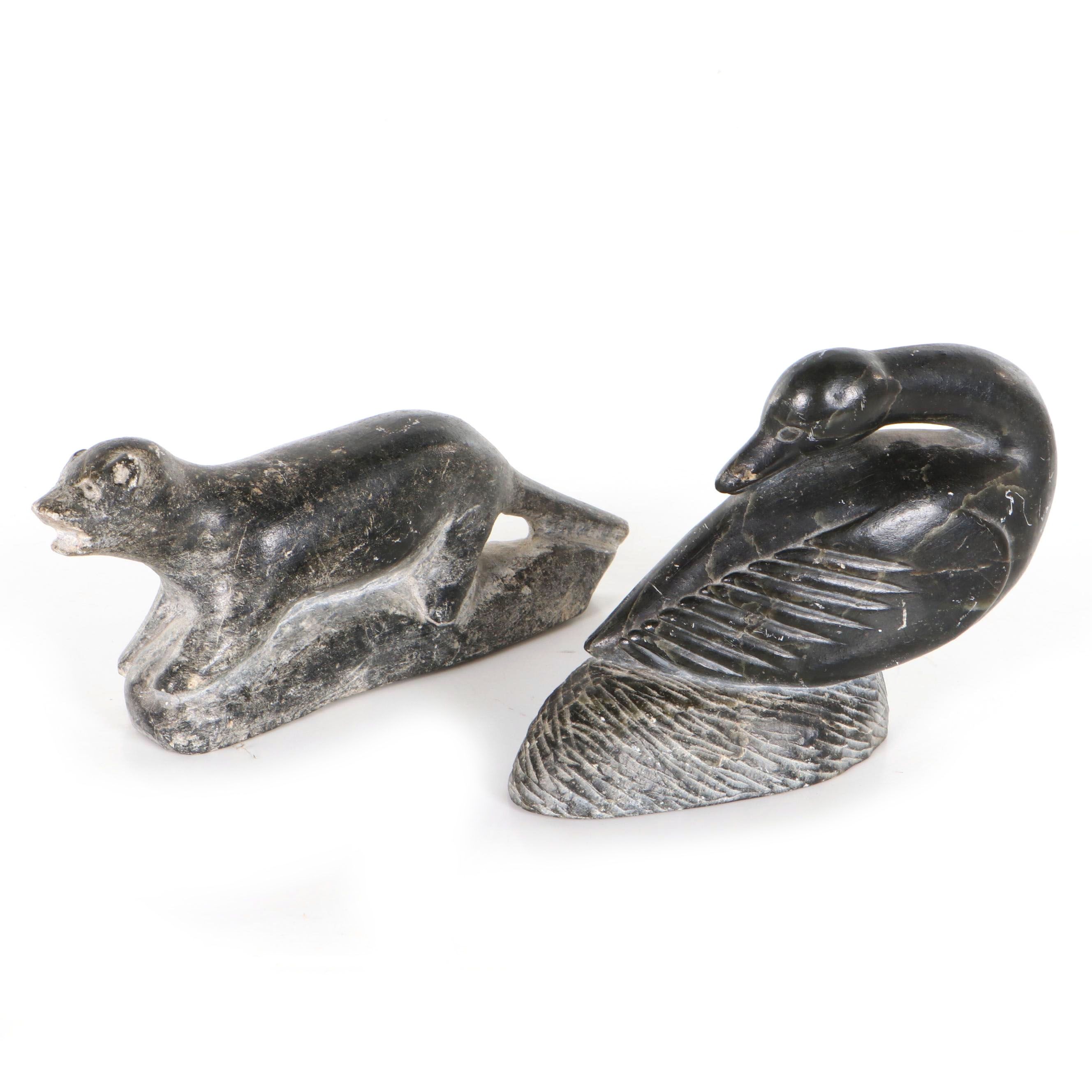 Inuit Soapstone Sculptures of Otter and Swan, Mid-20th Century