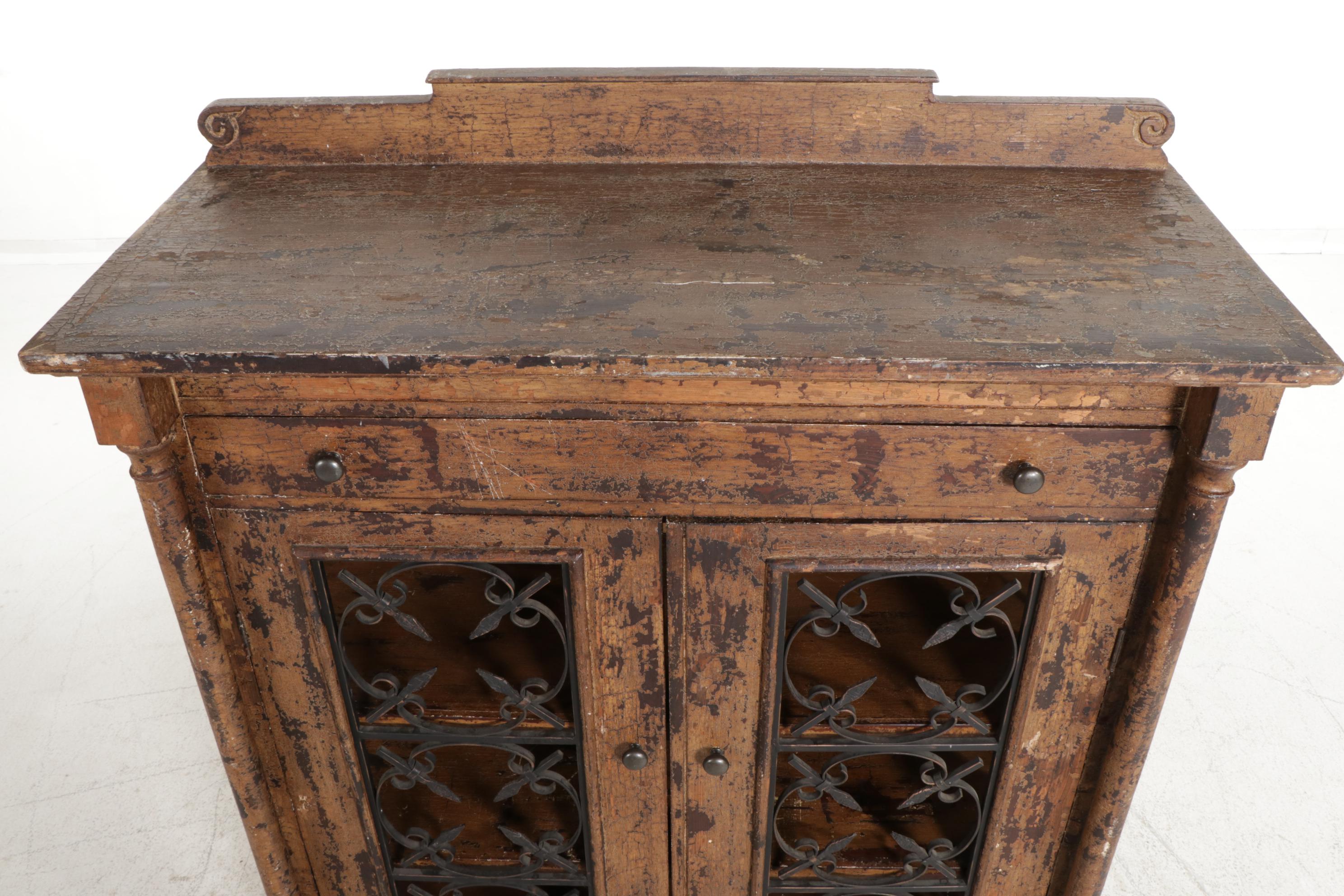 French Farmhouse Style Painted Wood and Iron Cabinet