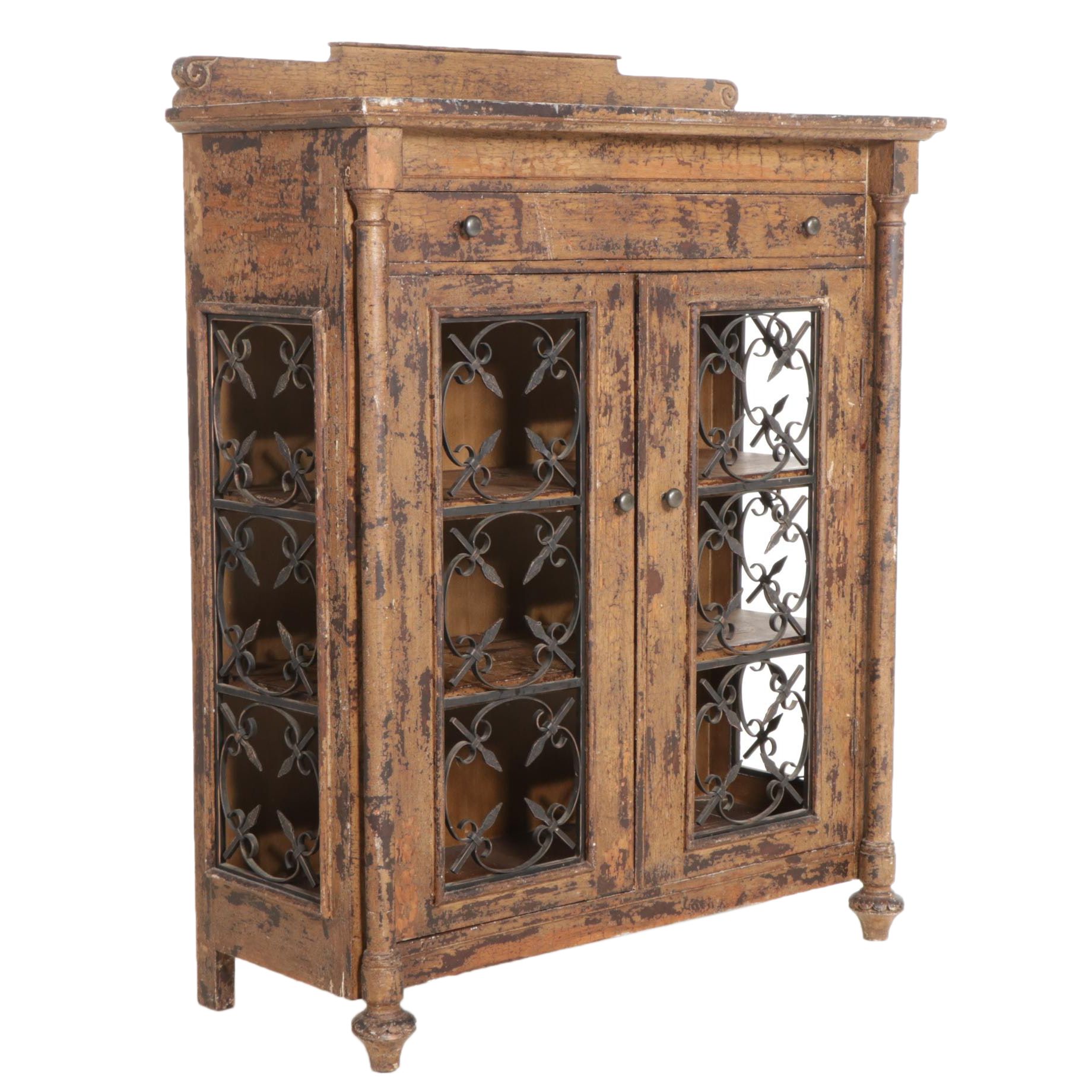 French Farmhouse Style Painted Wood and Iron Cabinet