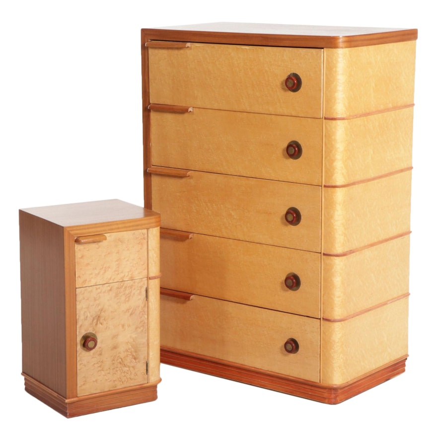 Art Deco Birdseye Maple and Walnut Veneered Chest of Drawers with Nightstand