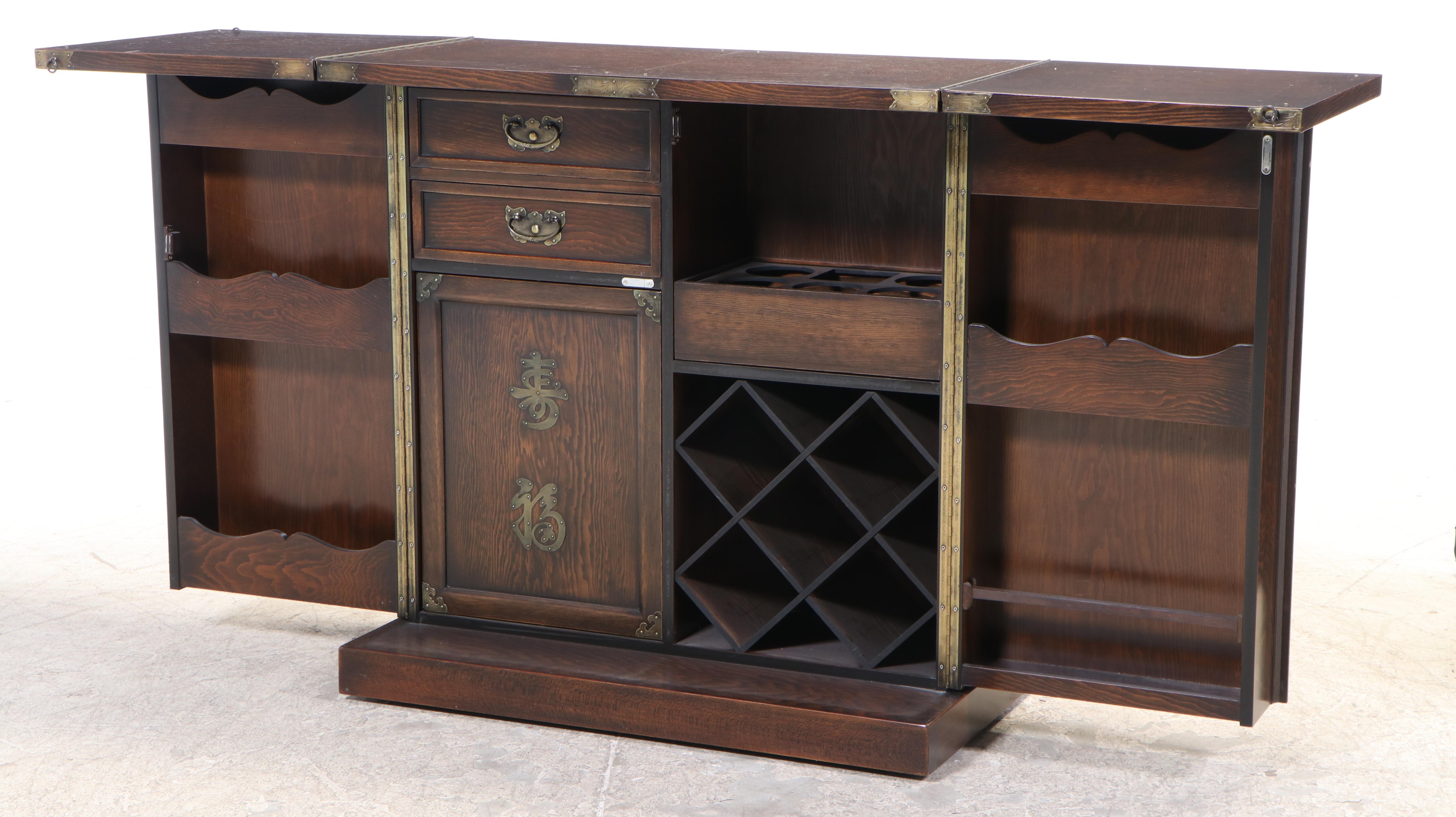 Indonesian Custom Handcrafted Oak Bar Cabinet