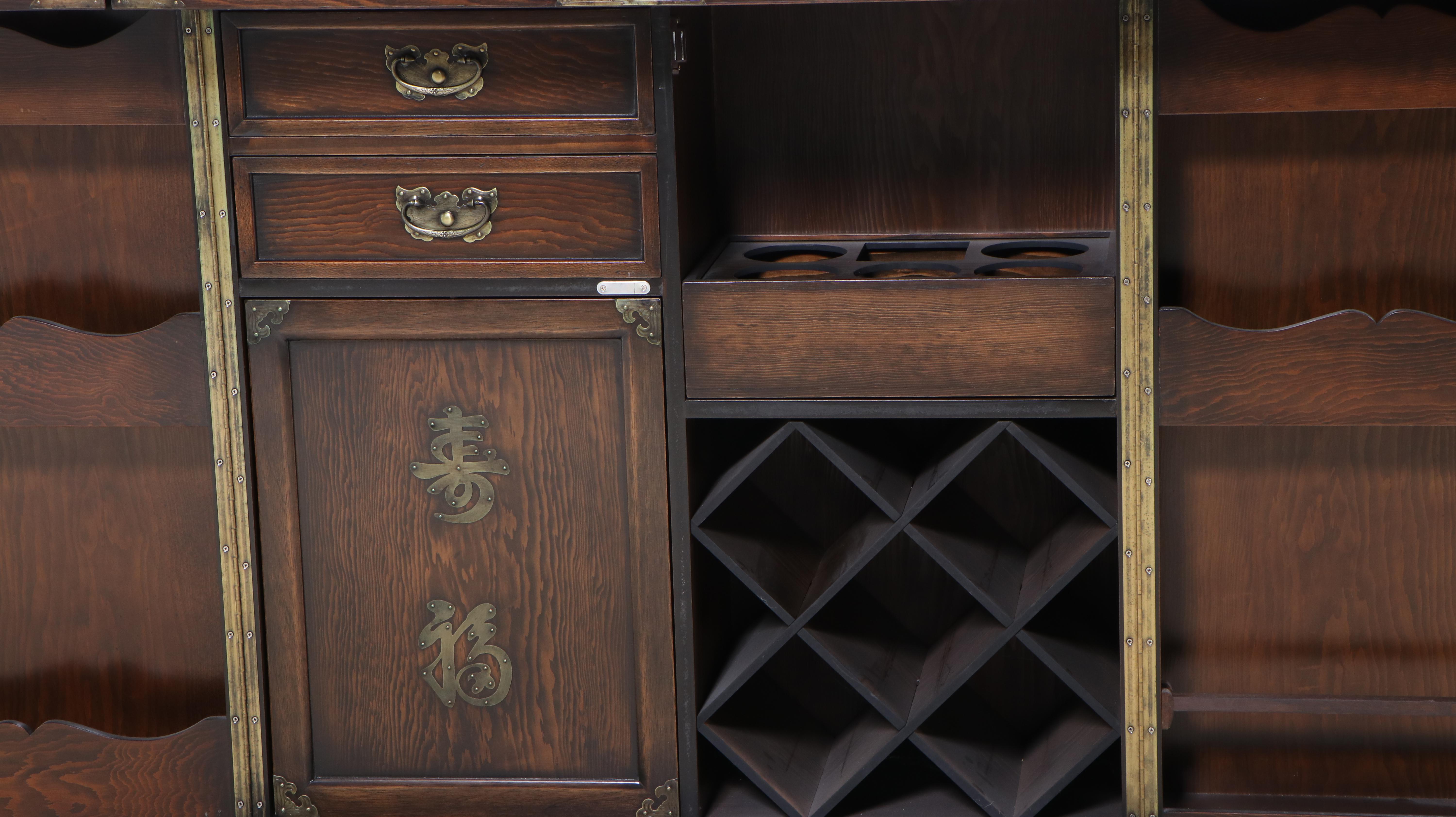 Indonesian Custom Handcrafted Oak Bar Cabinet