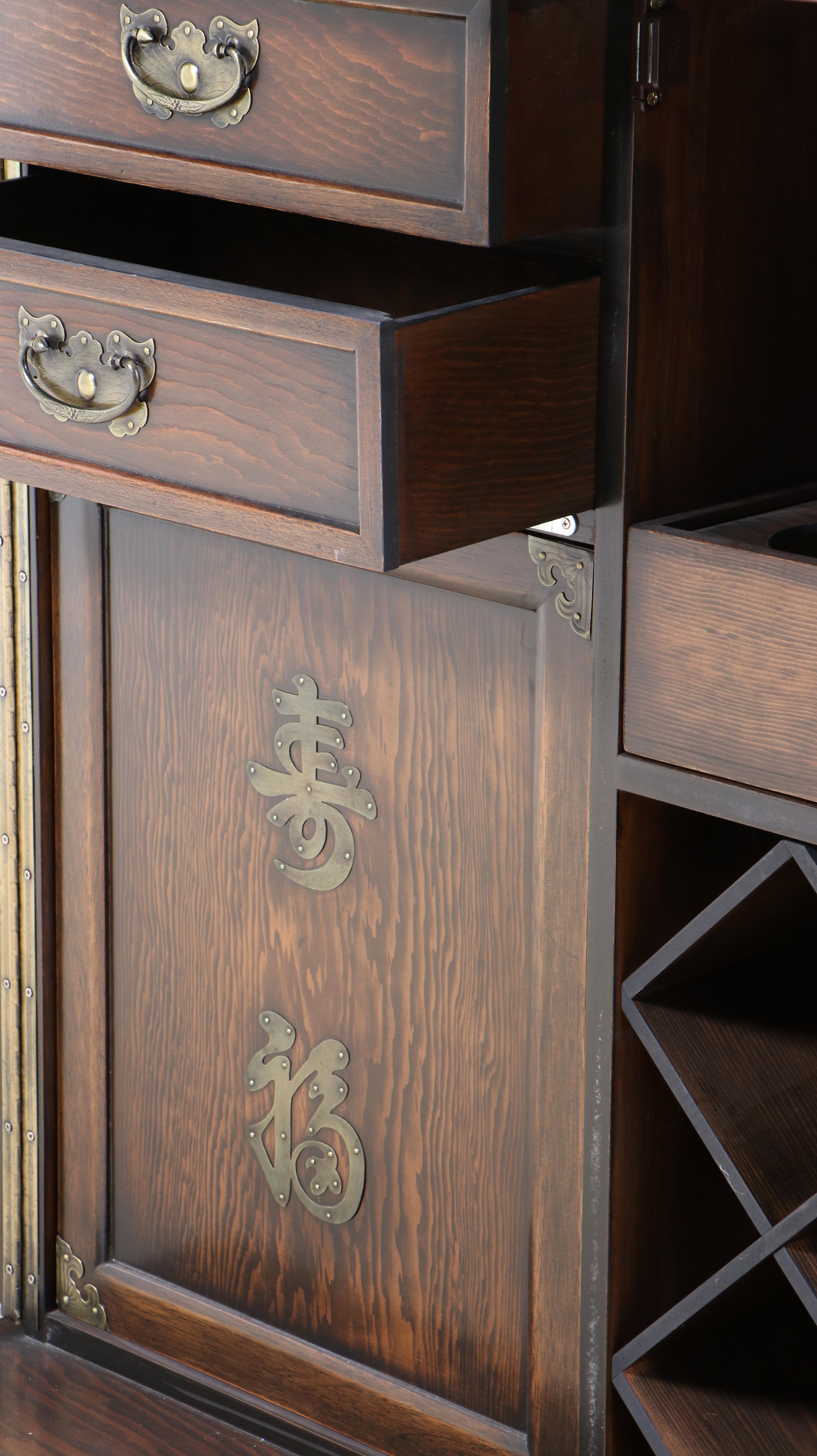 Indonesian Custom Handcrafted Oak Bar Cabinet