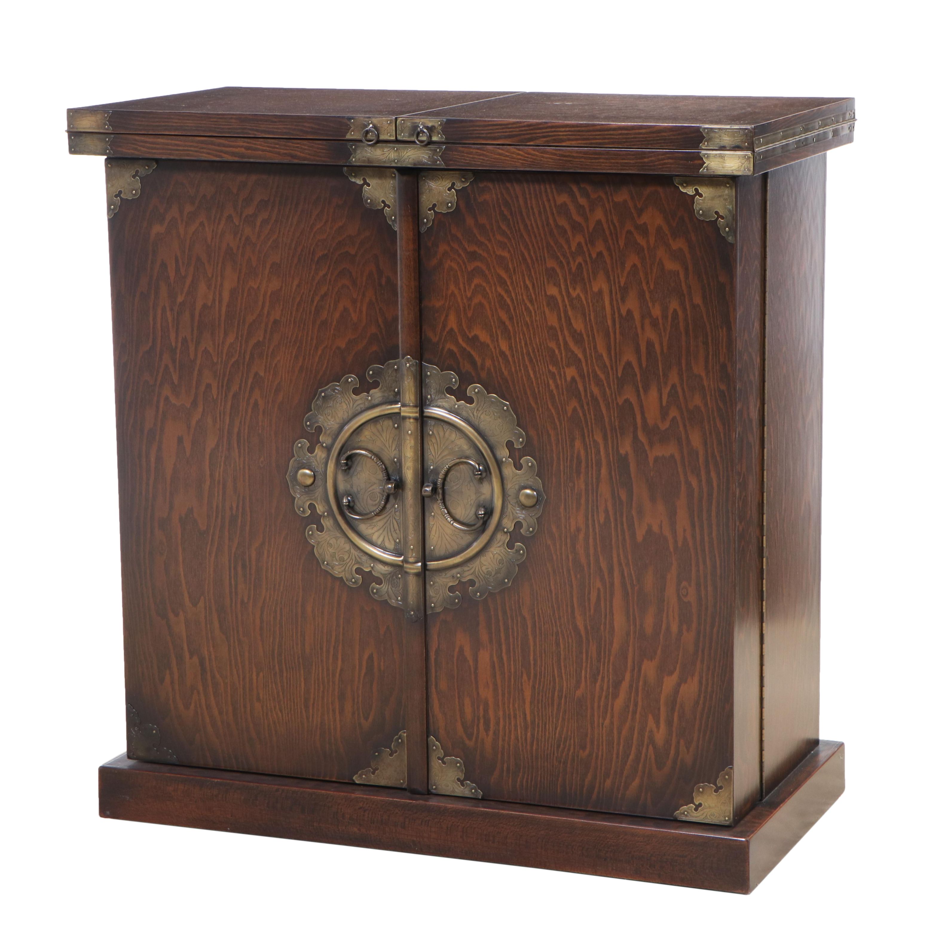 Indonesian Custom Handcrafted Oak Bar Cabinet