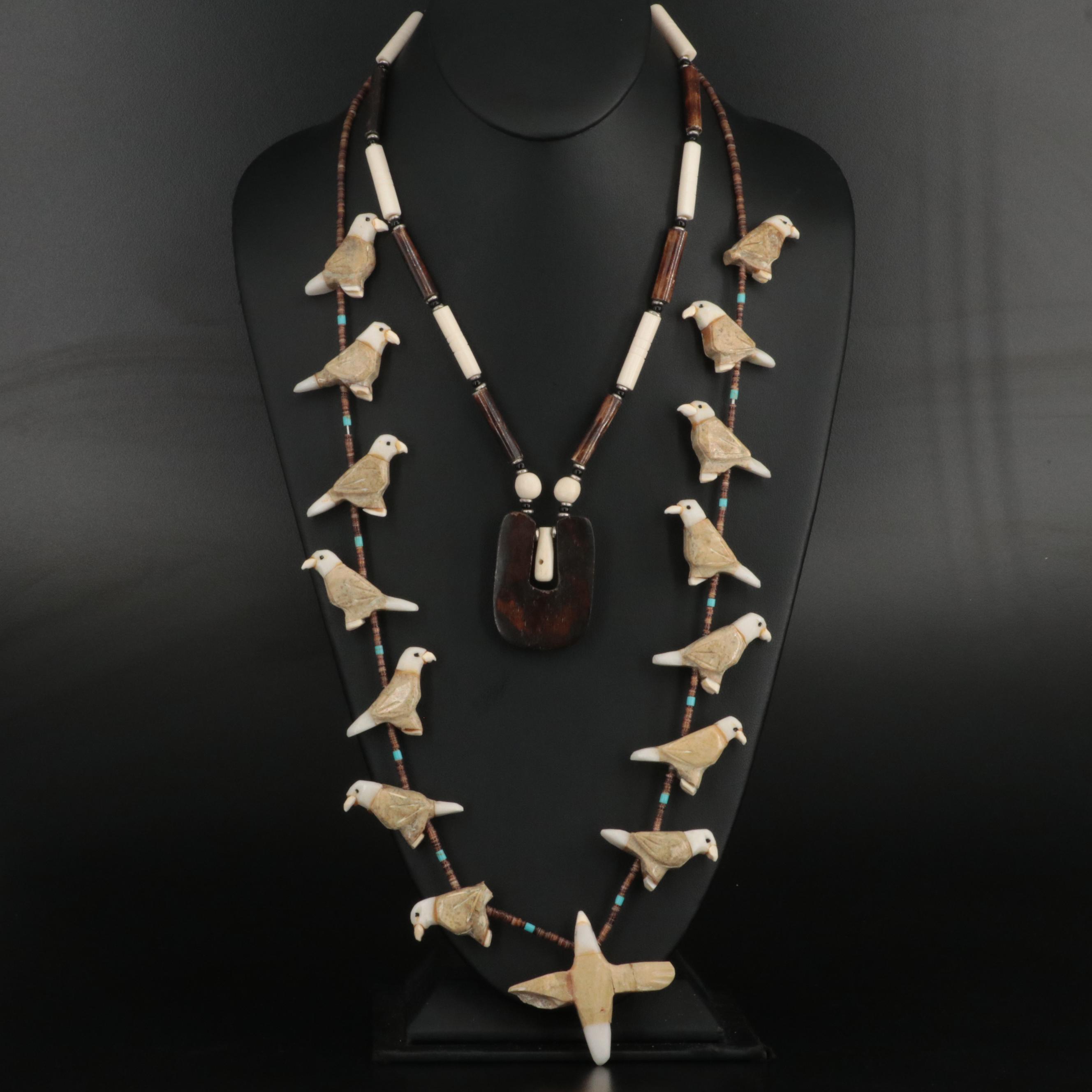 Fetish Bird Necklace and Bead Necklace Including Shell and Calcite