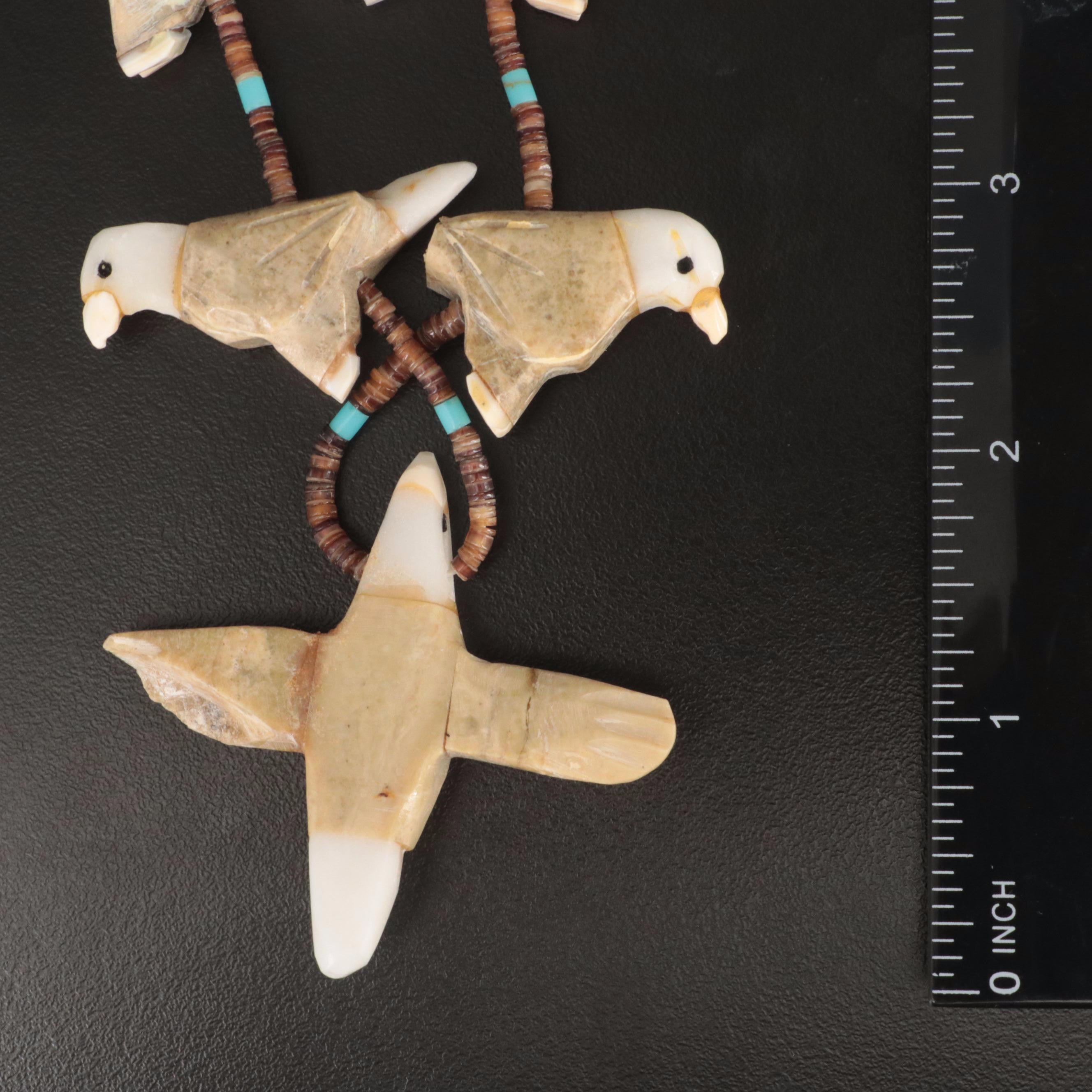 Fetish Bird Necklace and Bead Necklace Including Shell and Calcite