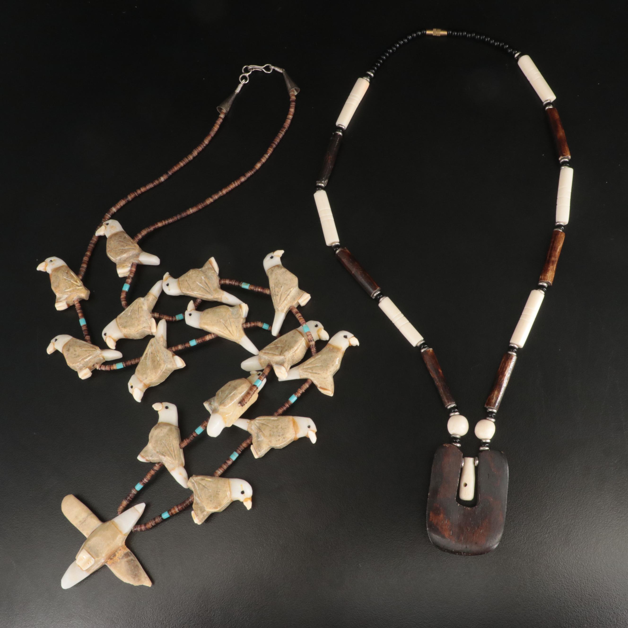 Fetish Bird Necklace and Bead Necklace Including Shell and Calcite