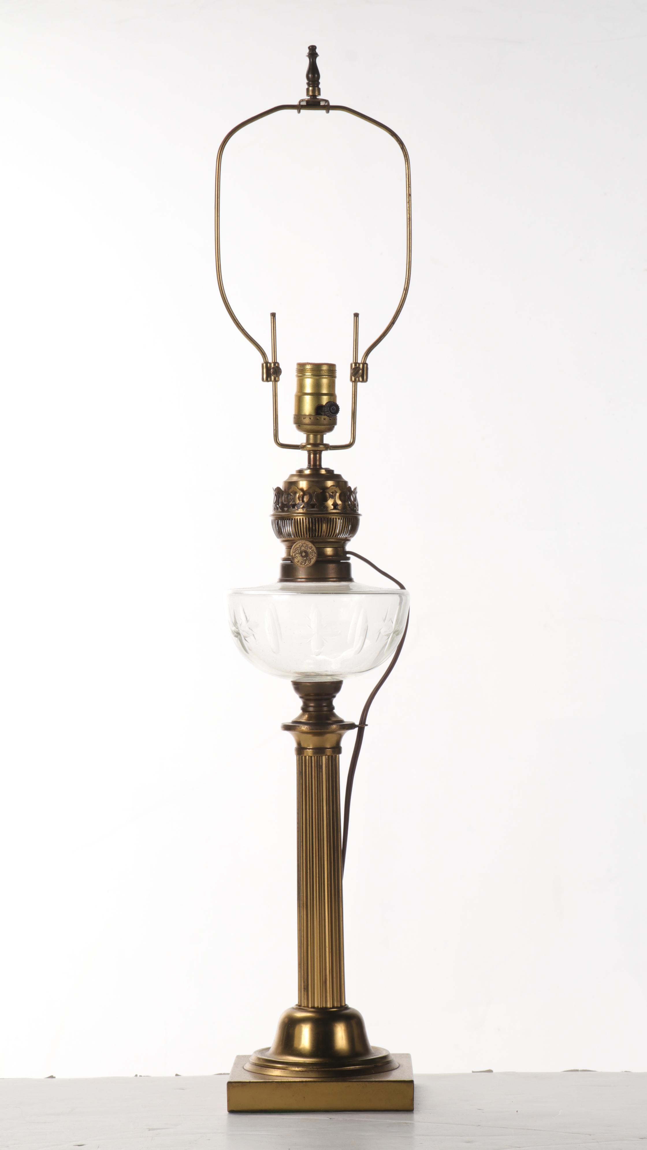 Matador Brenner Brass and Pressed Glass Oil Table Lamp, Adapted Early/Mid-20th C