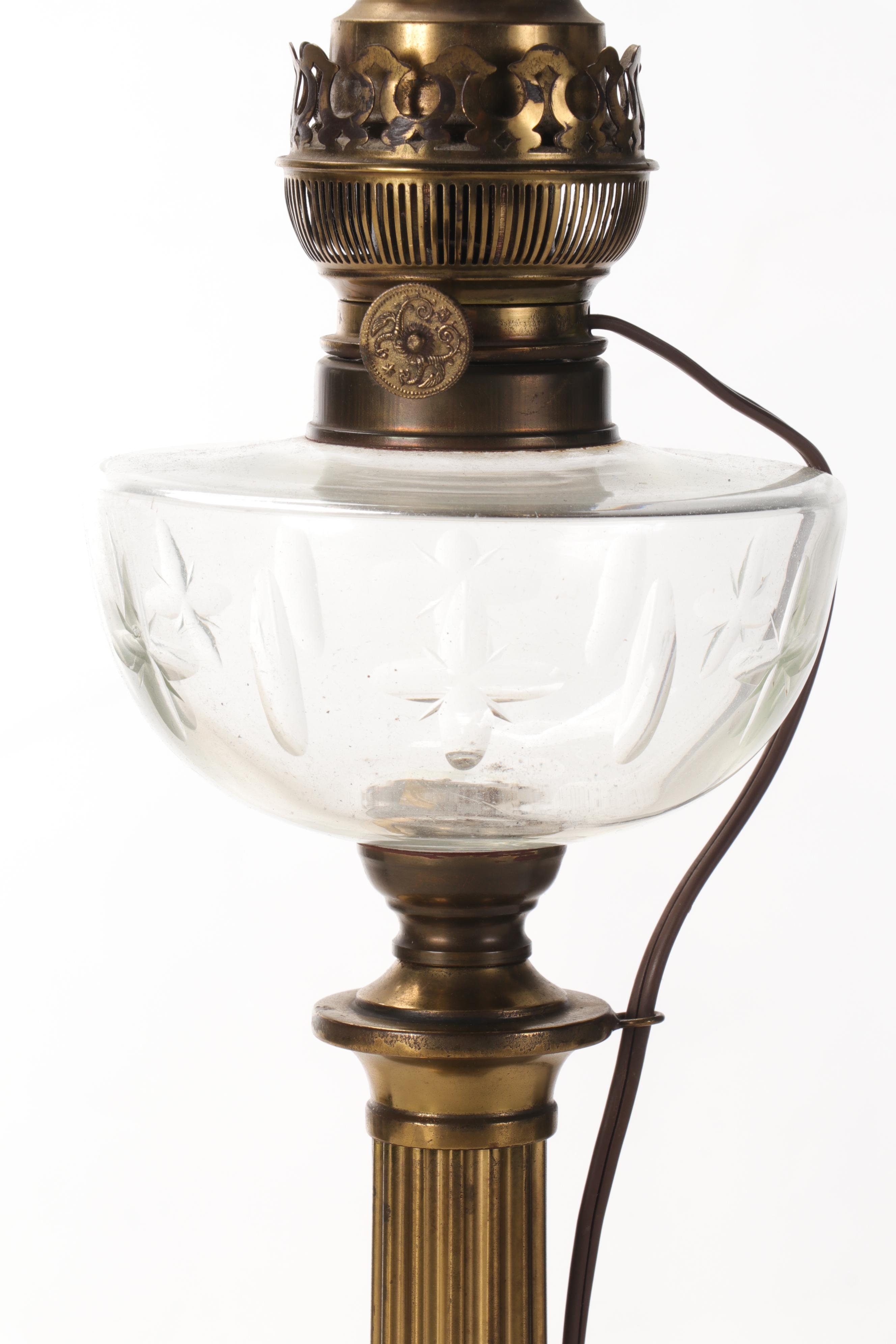 Matador Brenner Brass and Pressed Glass Oil Table Lamp, Adapted Early/Mid-20th C