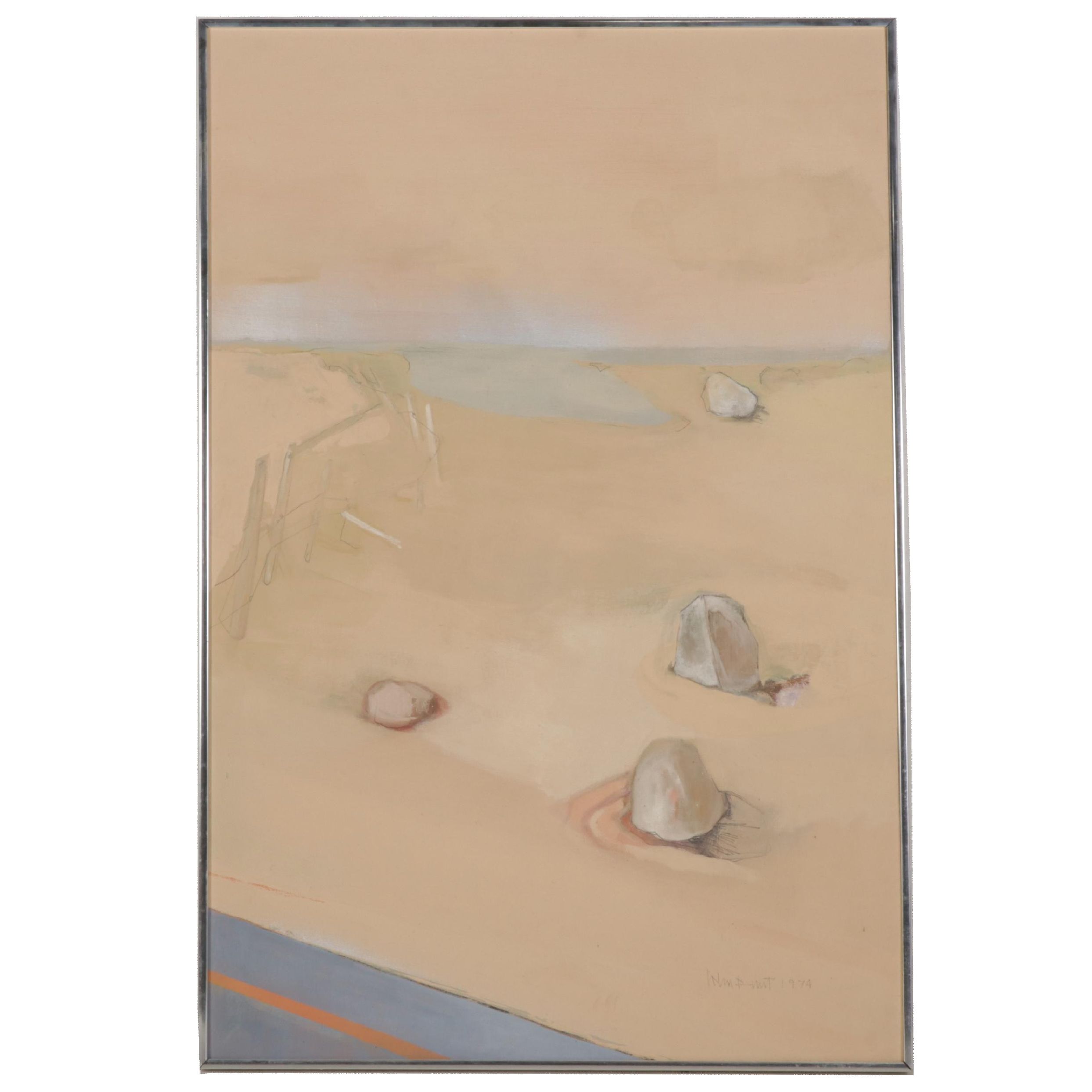 John Funt Acrylic Painting of Rocks on Coastal Beach, 1974