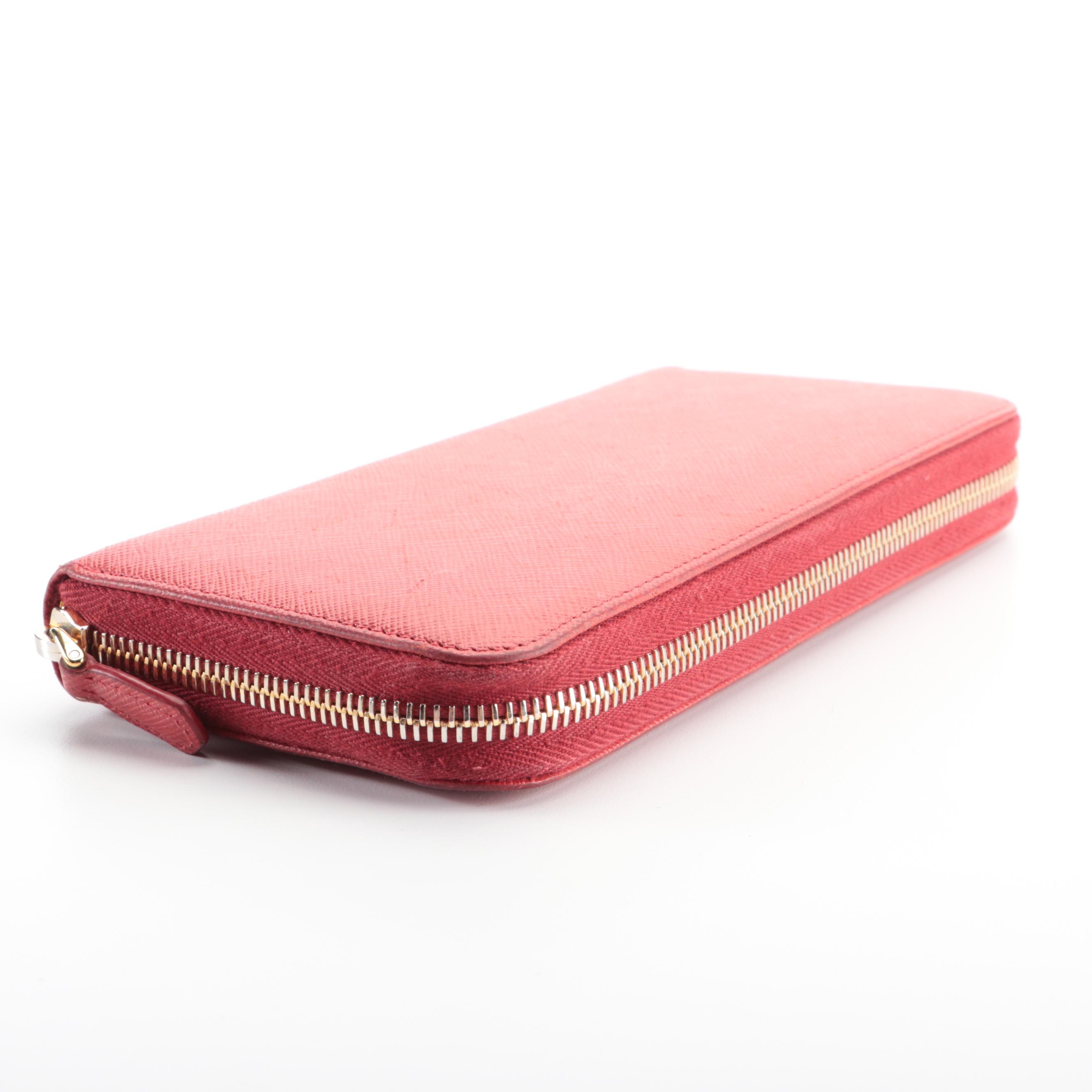 Prada Zip-Around Wallet in Red Saffiano Leather with Box