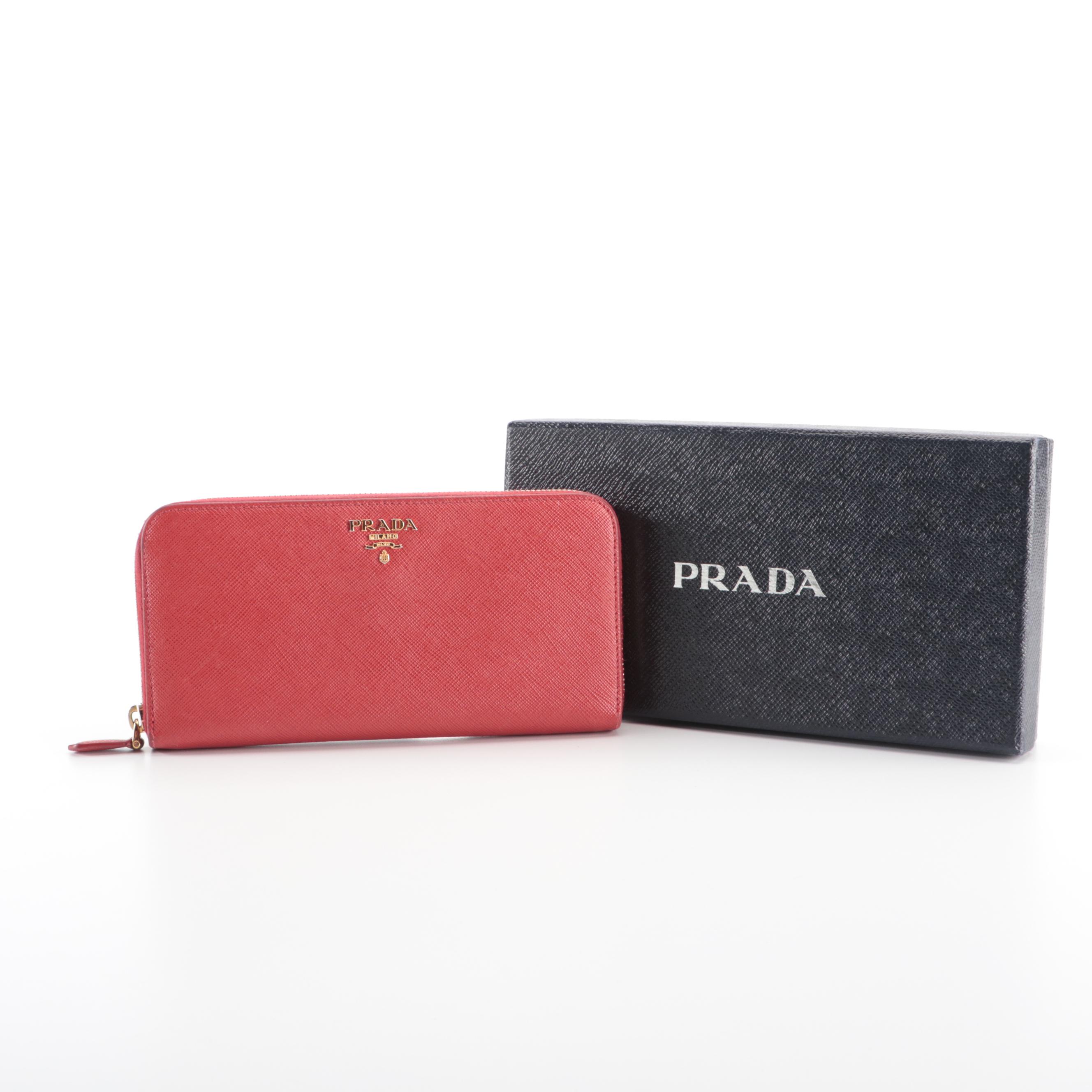 Prada Zip-Around Wallet in Red Saffiano Leather with Box