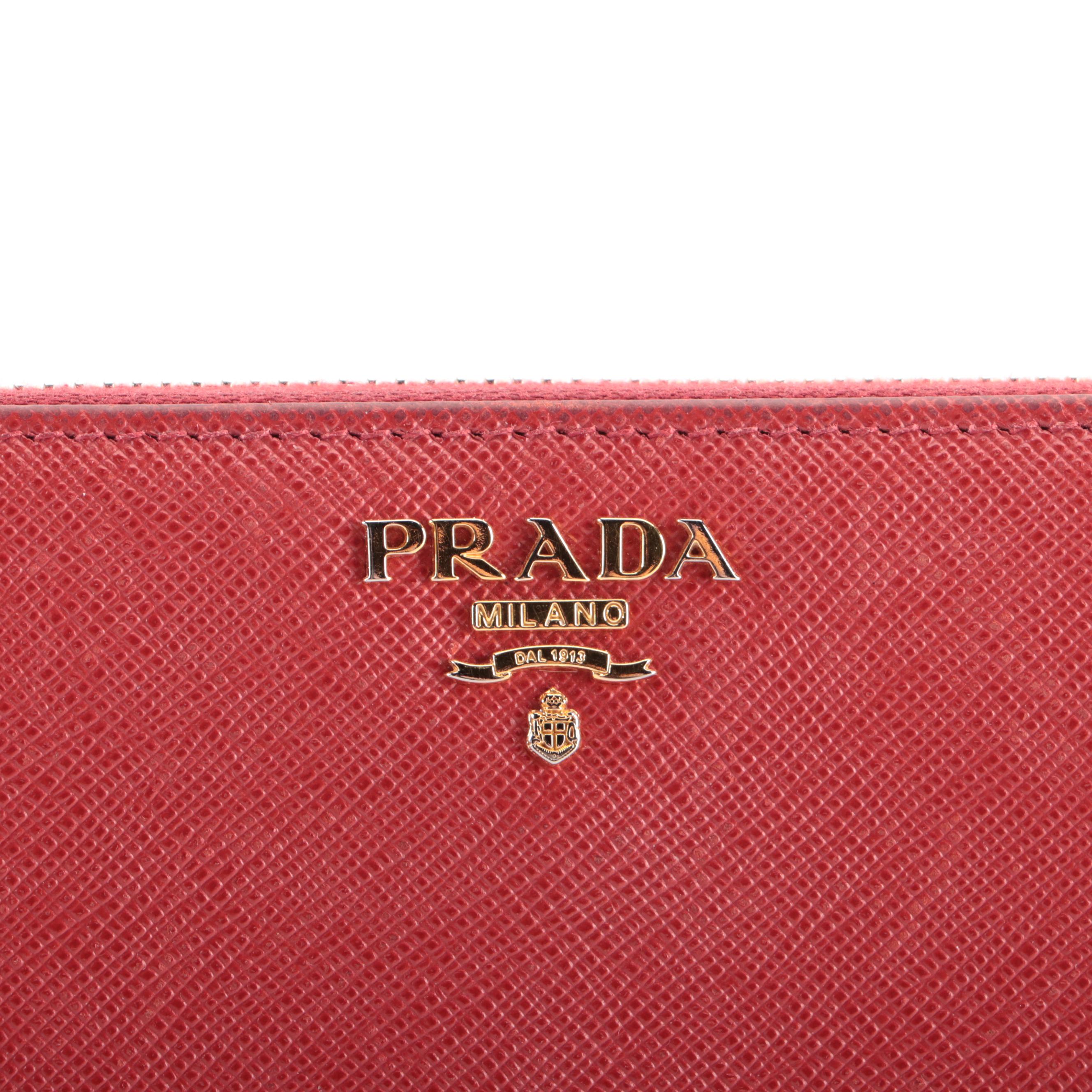 Prada Zip-Around Wallet in Red Saffiano Leather with Box