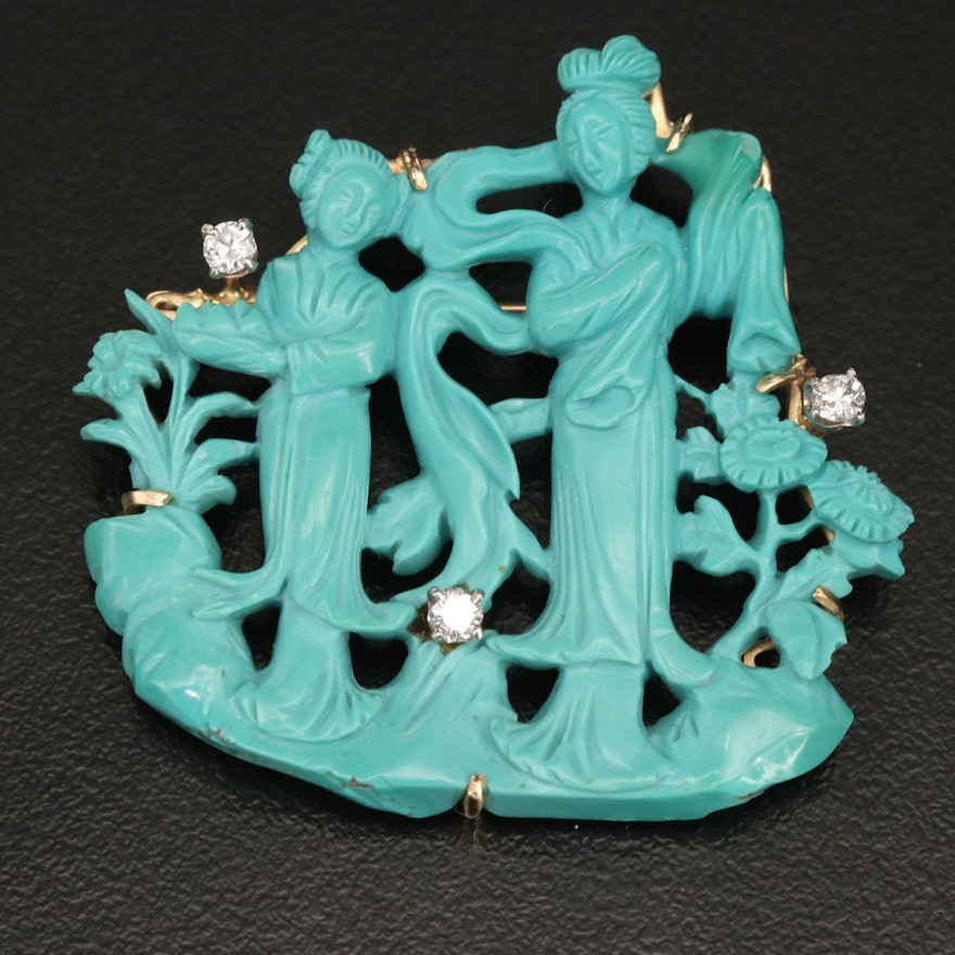 14K Turquoise and Diamond Brooch Depicting Deity with Attendant