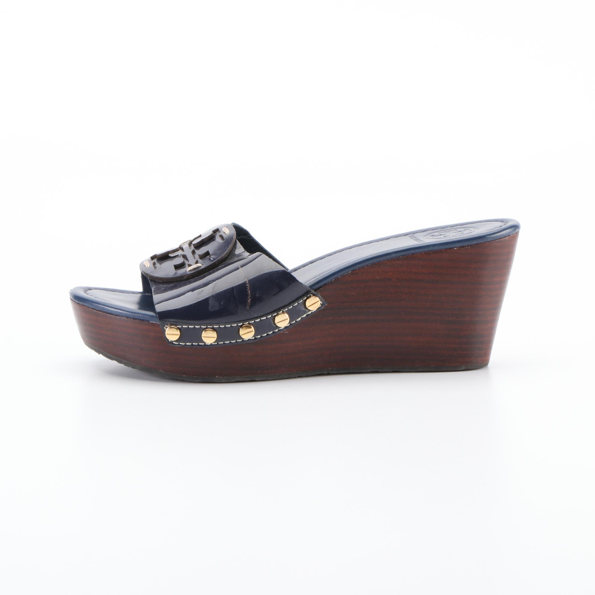 Tory Burch Patti Wedge Sandals in Navy Blue Leather