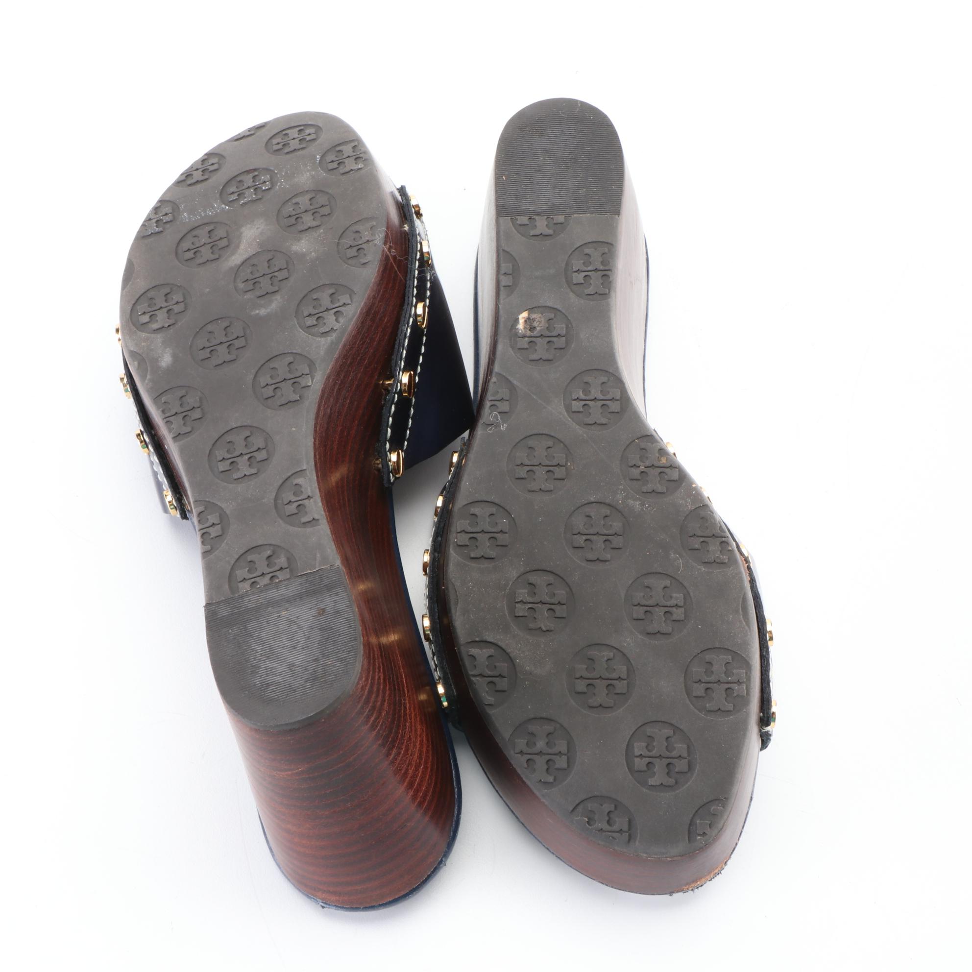 Tory Burch Patti Wedge Sandals in Navy Blue Leather