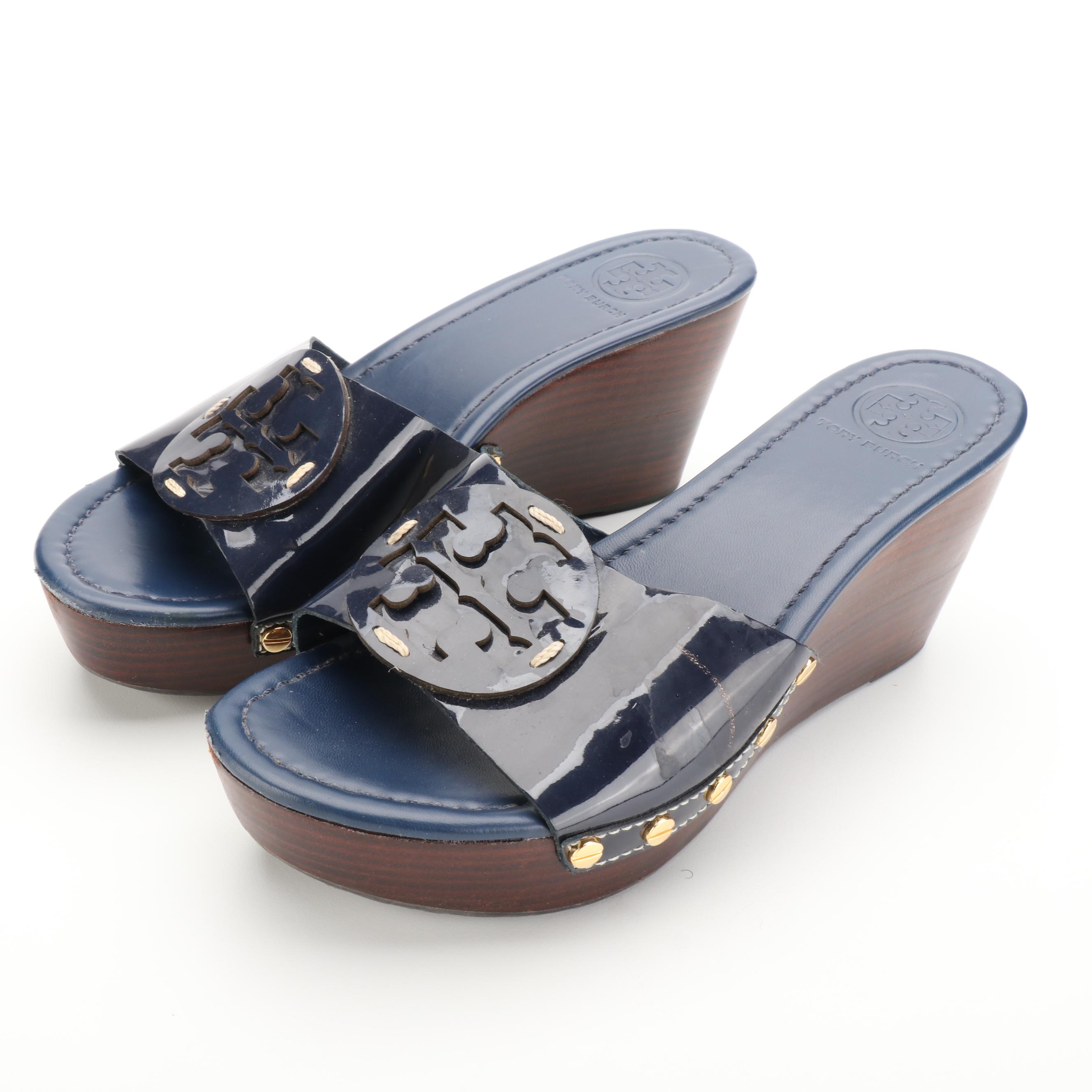 Tory Burch Patti Wedge Sandals in Navy Blue Leather