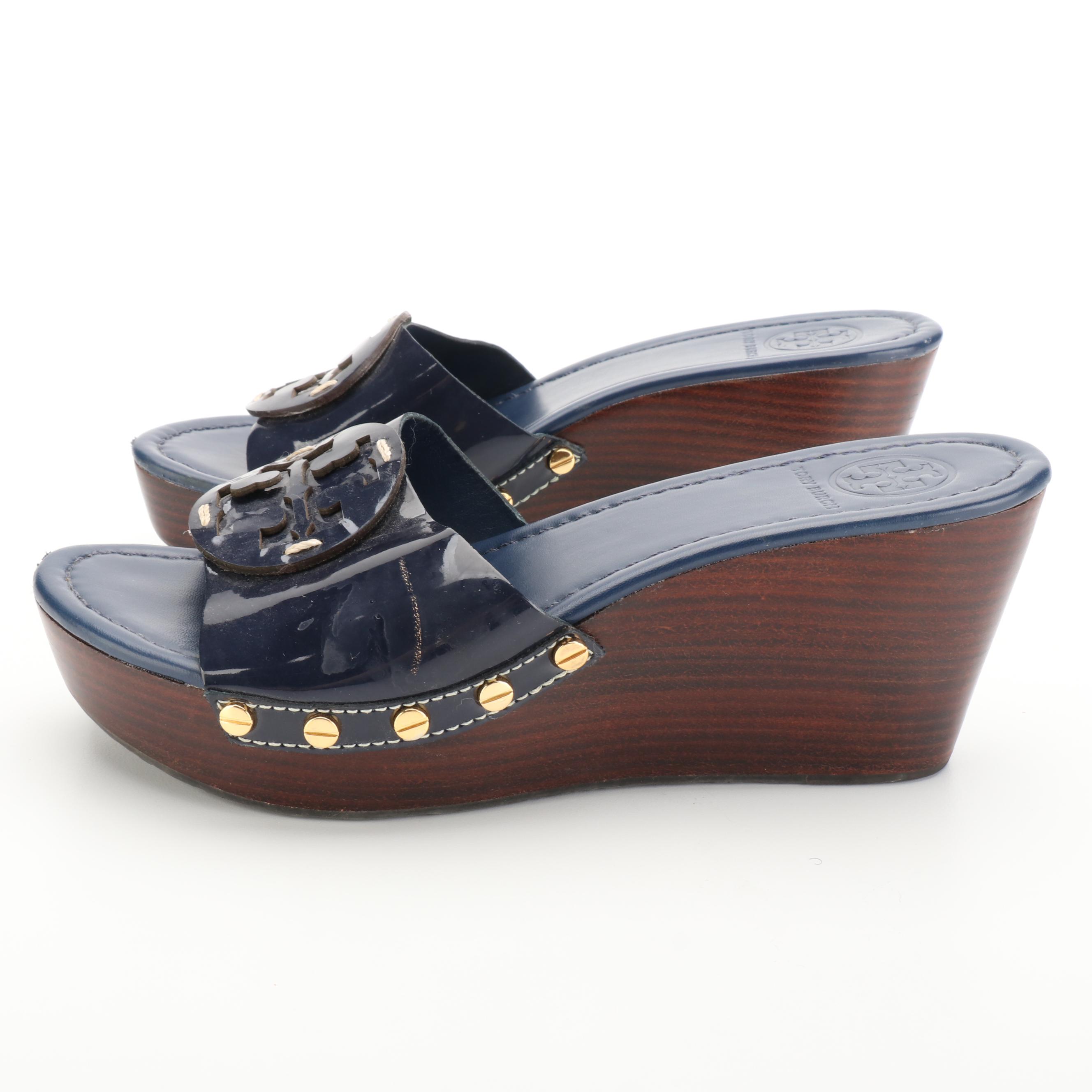 Tory Burch Patti Wedge Sandals in Navy Blue Leather