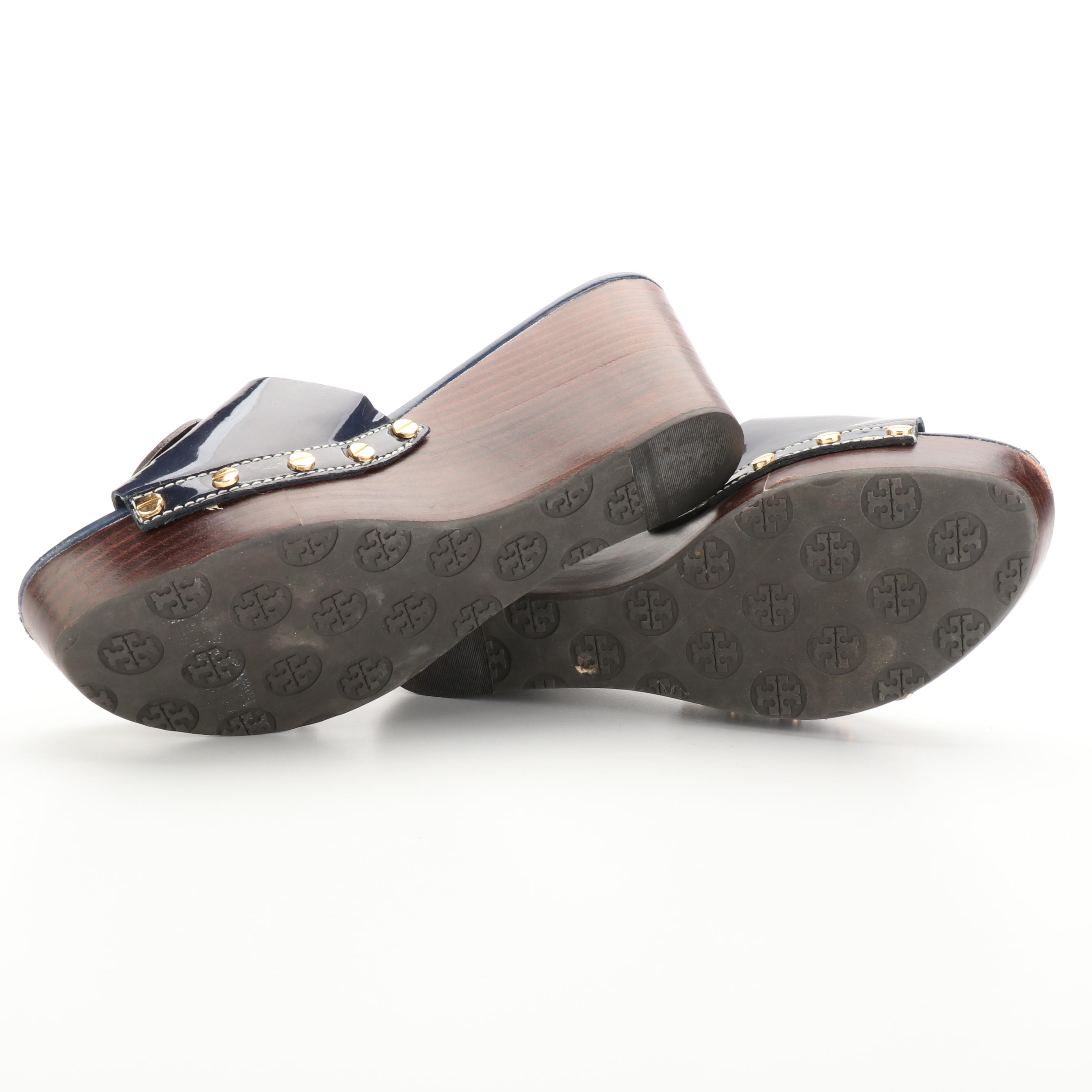 Tory Burch Patti Wedge Sandals in Navy Blue Leather