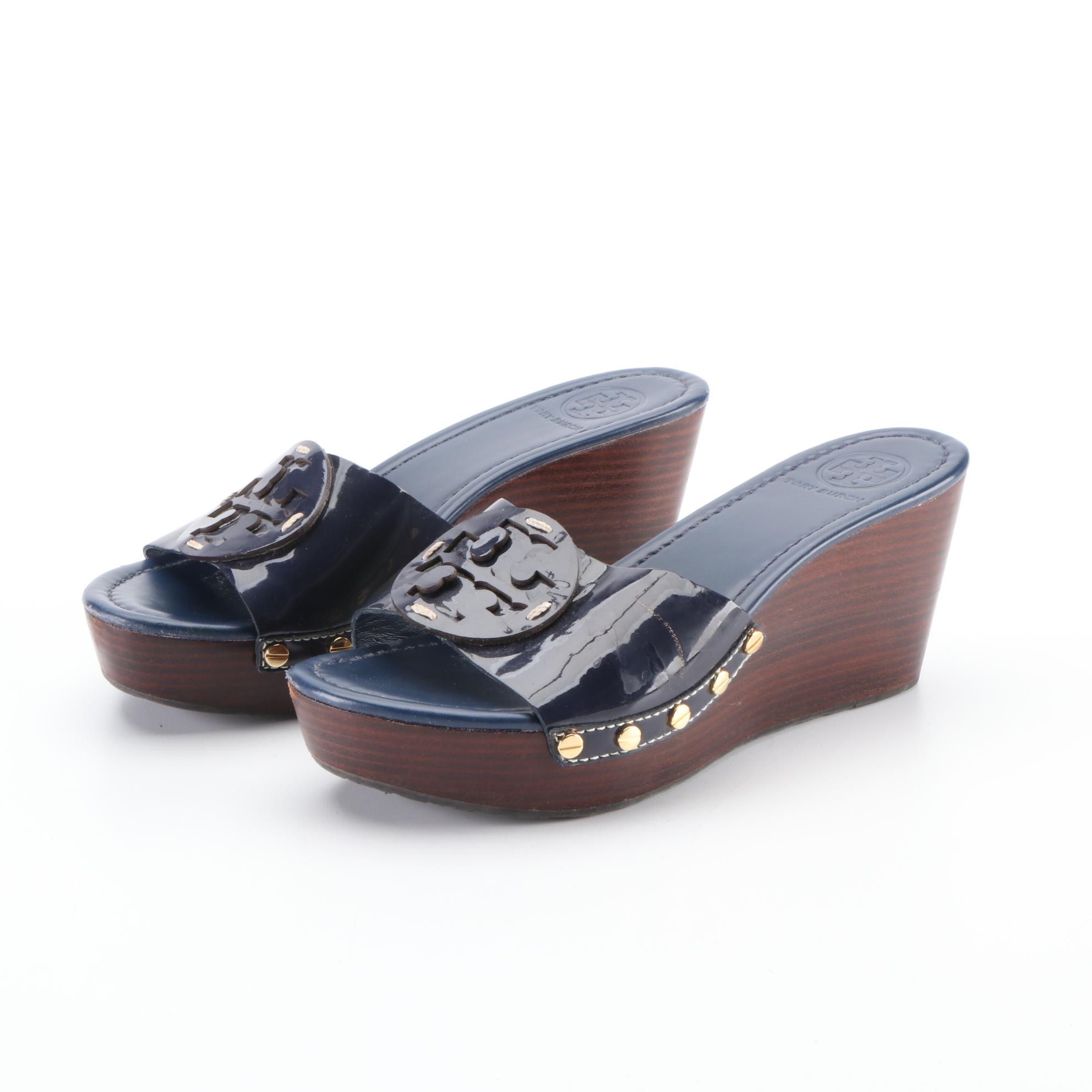 Tory Burch Patti Wedge Sandals in Navy Blue Leather