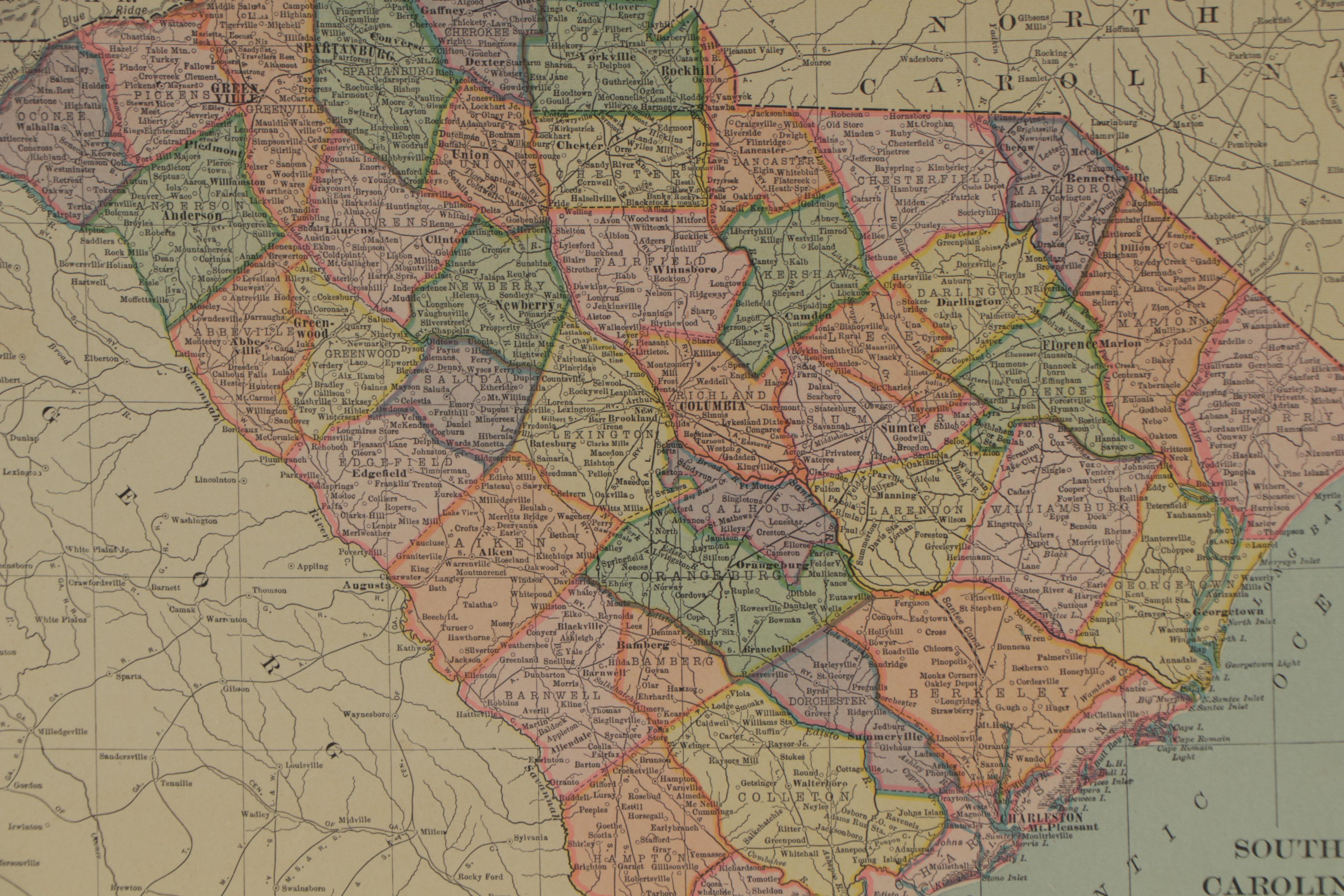 C. S. Hammond Co. Wax Engraving Map of South Carolina, 1908